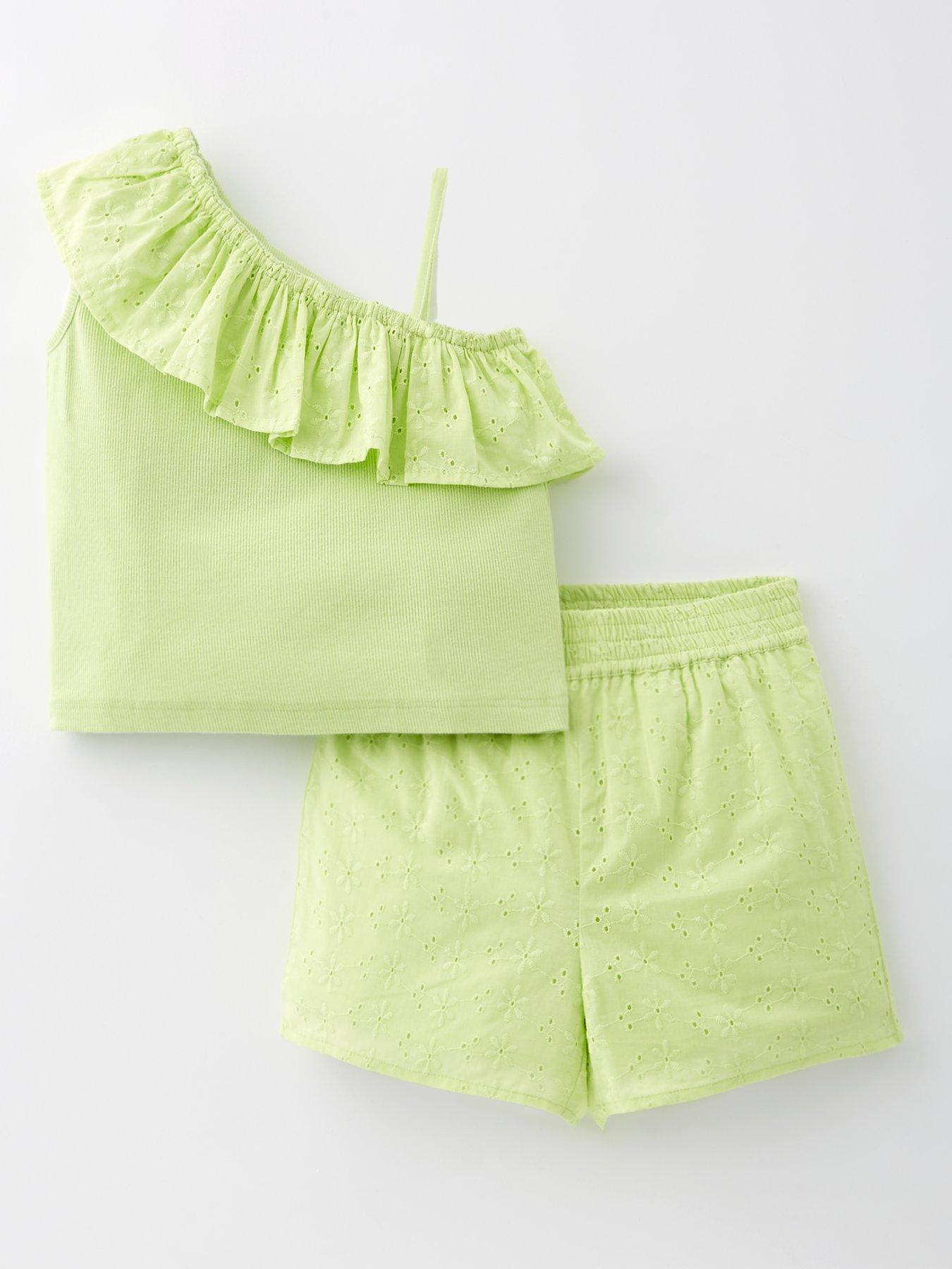 V by Very Girls Frill One Shoulder Top And Short Set - Green