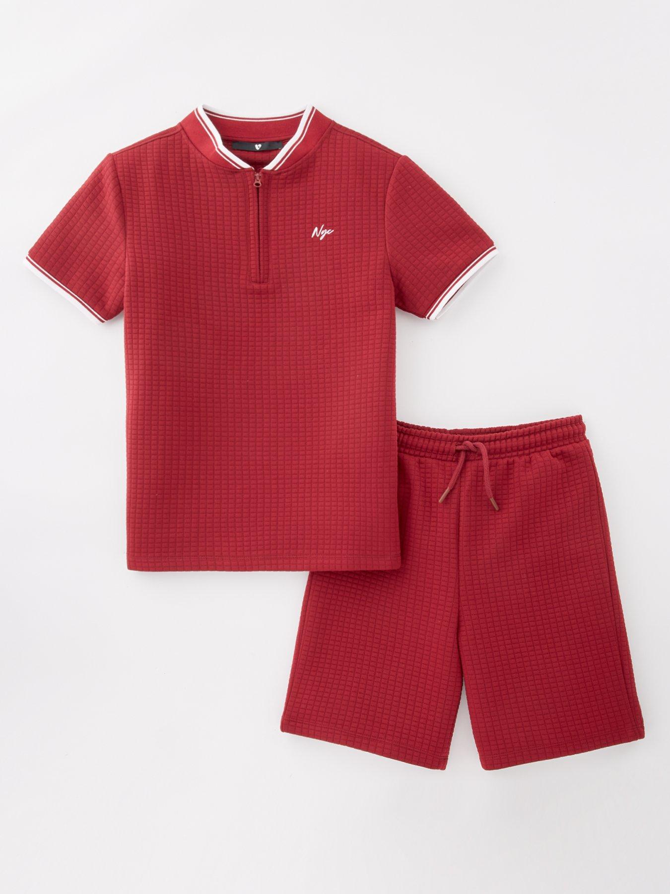 V by Very Boys Zip Texture T-Shirt And Short Set - Burgundy