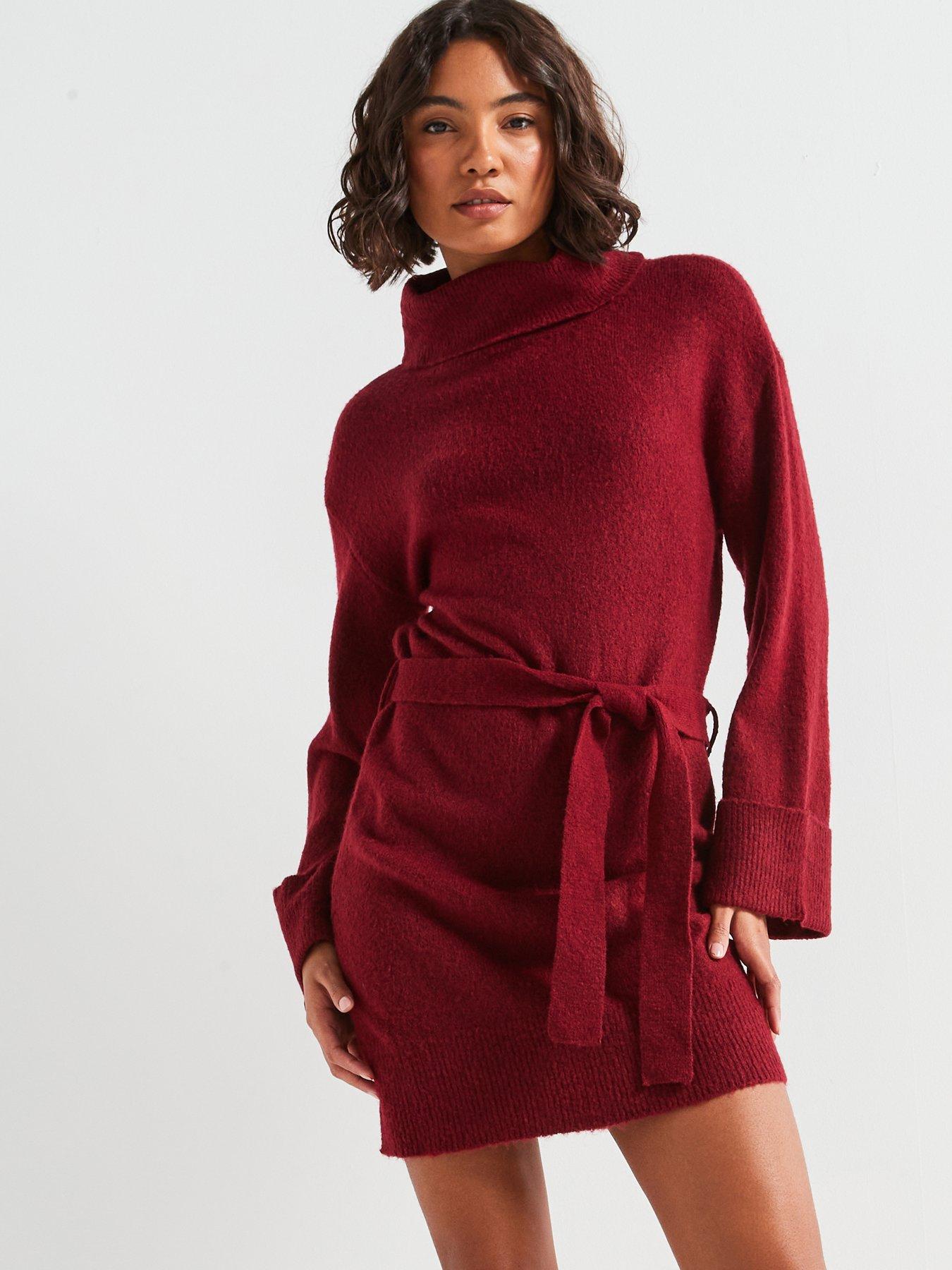 vila-belted-knit-mini-dress-burgundy-red