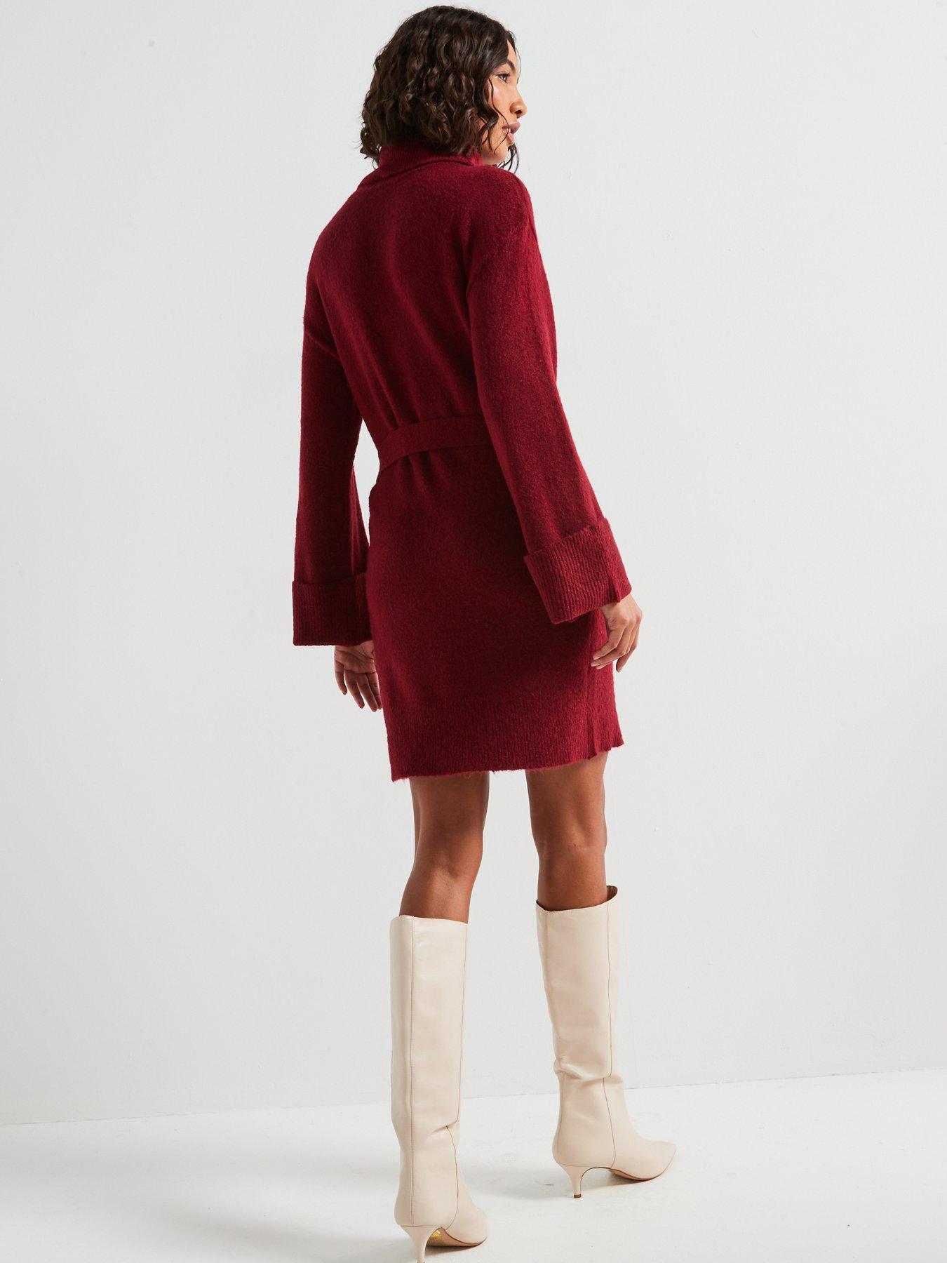 vila-belted-knit-mini-dress-burgundy-redstillFront