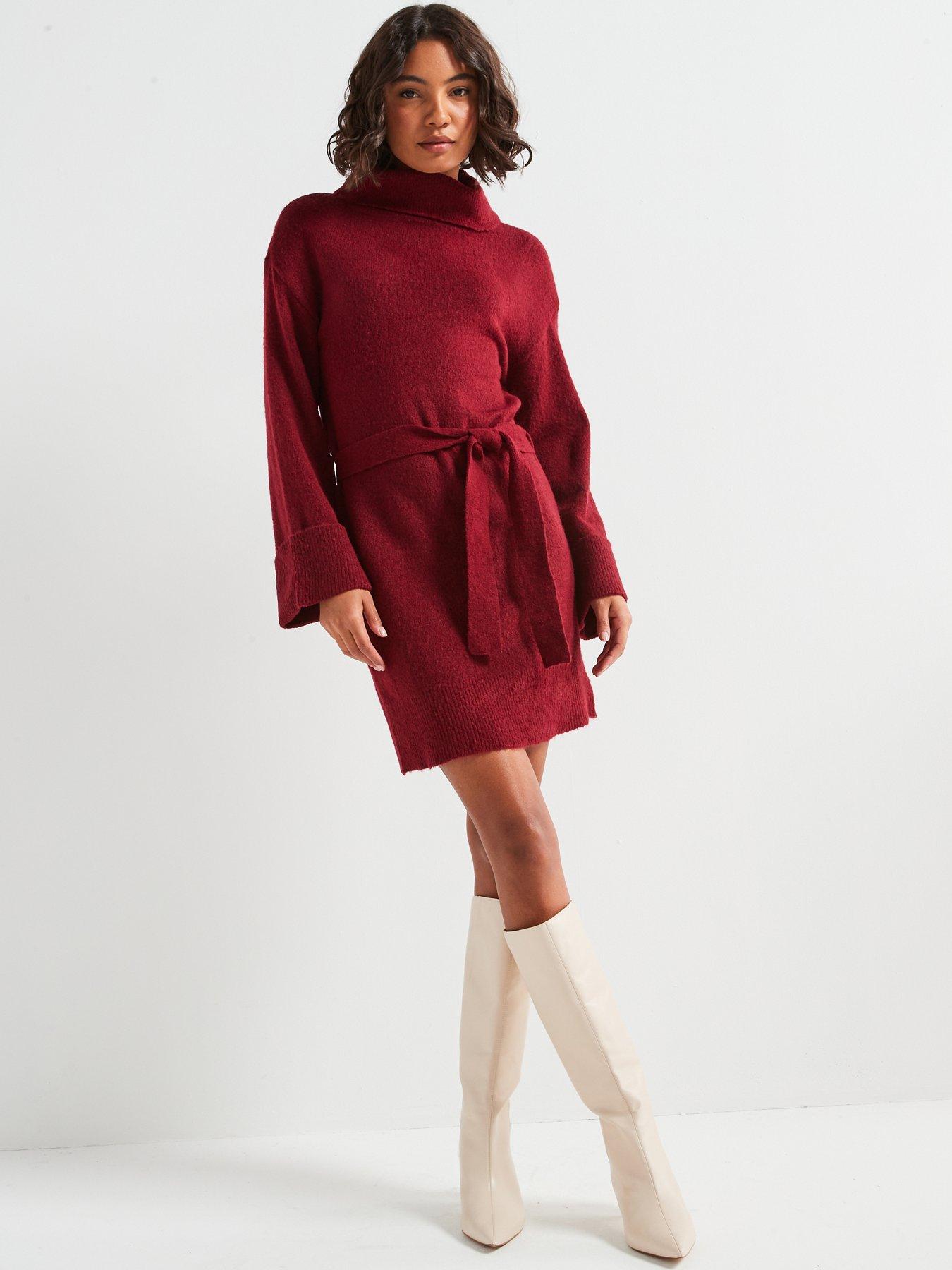 vila-belted-knit-mini-dress-burgundy-redback