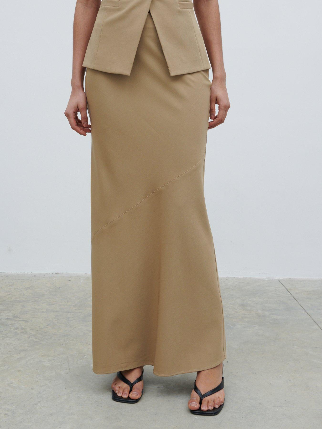 Image of Pretty Lavish Jean Asymmetric Maxi Skirt - Camel - Beige