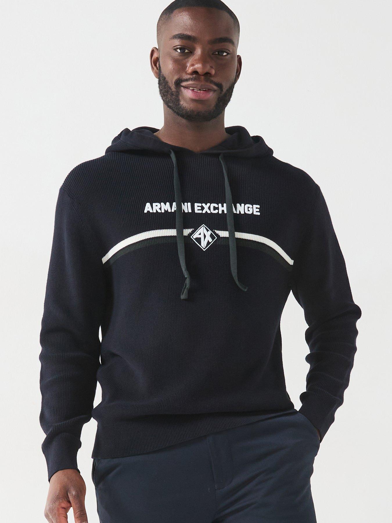 Image 1 of 4 of Armani Exchange Stripe Logo Hooded Knitted Jumper - Navy