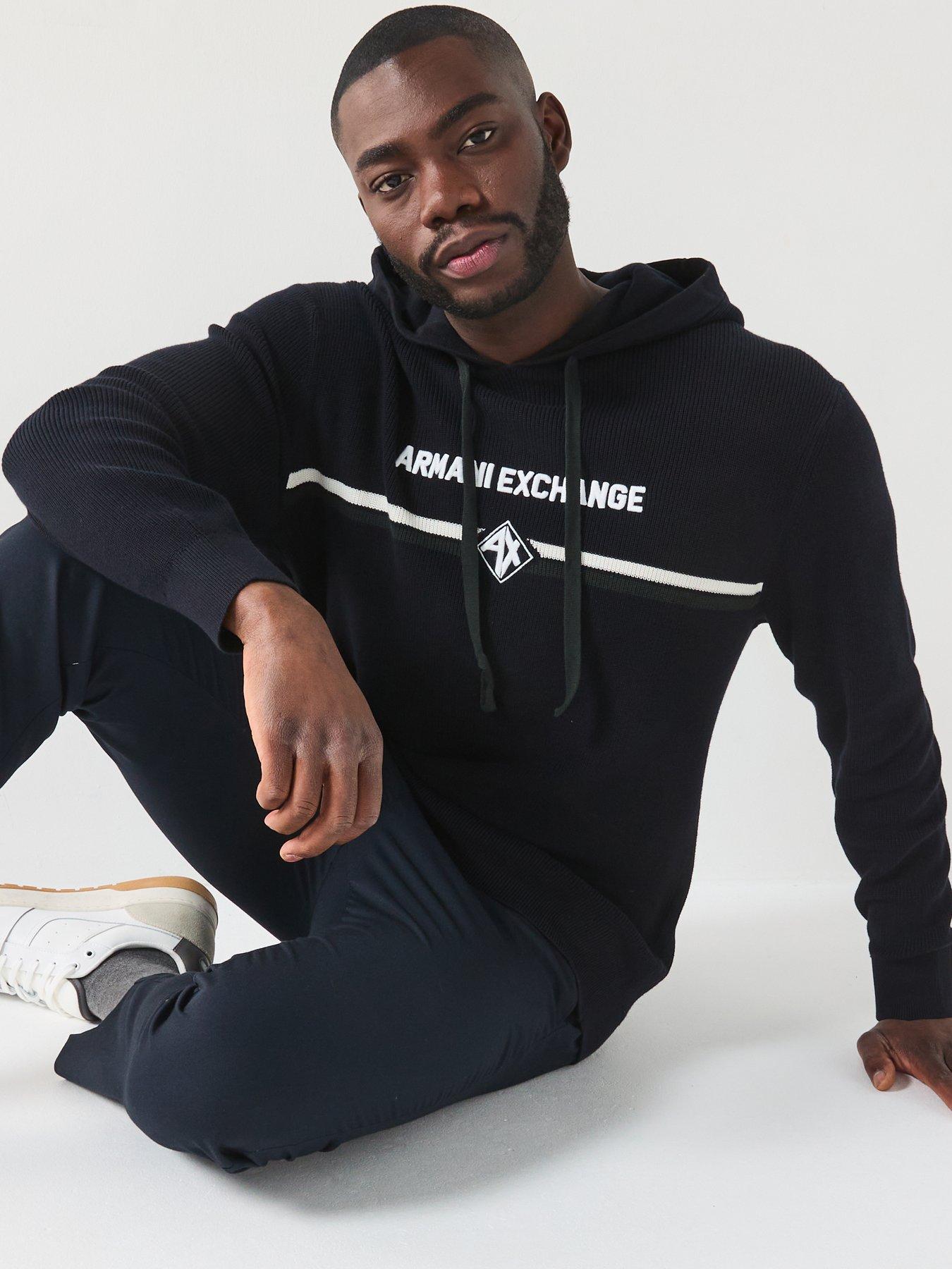 Image 4 of 4 of Armani Exchange Stripe Logo Hooded Knitted Jumper - Navy