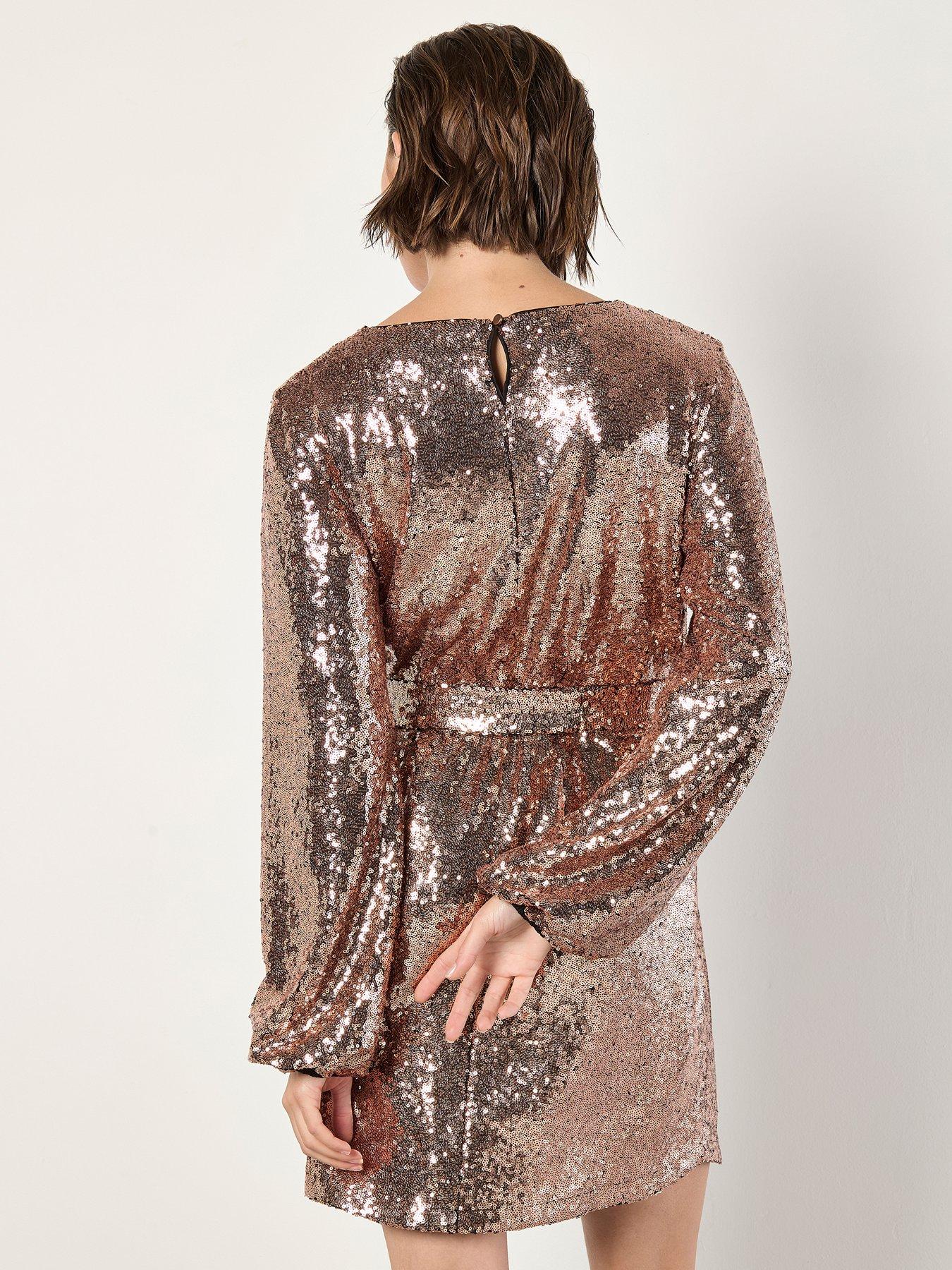 apricot-sequin-puff-sleeve-tie-shift-dressstillFront