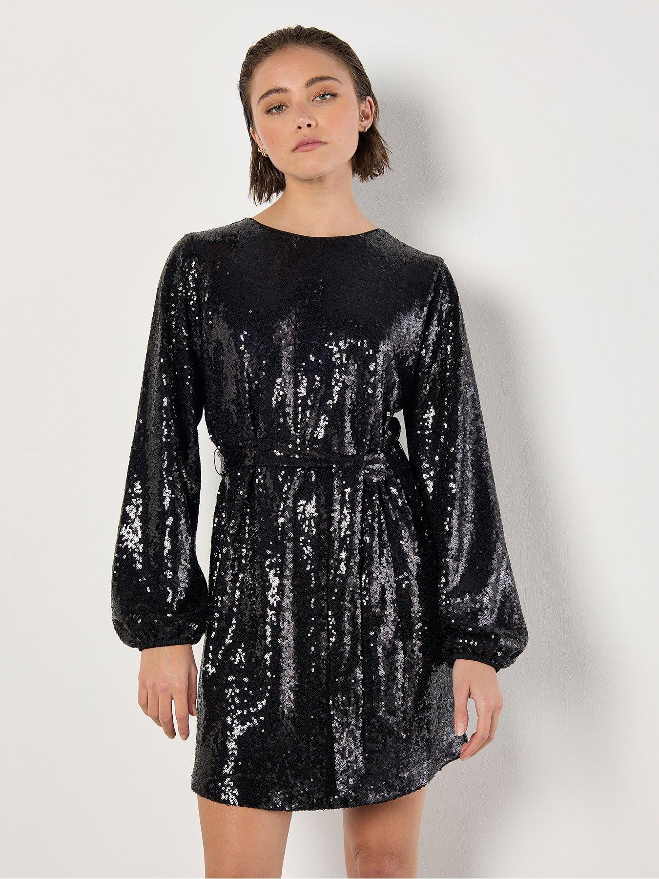 apricot-sequin-puff-sleeve-tie-shift-dress