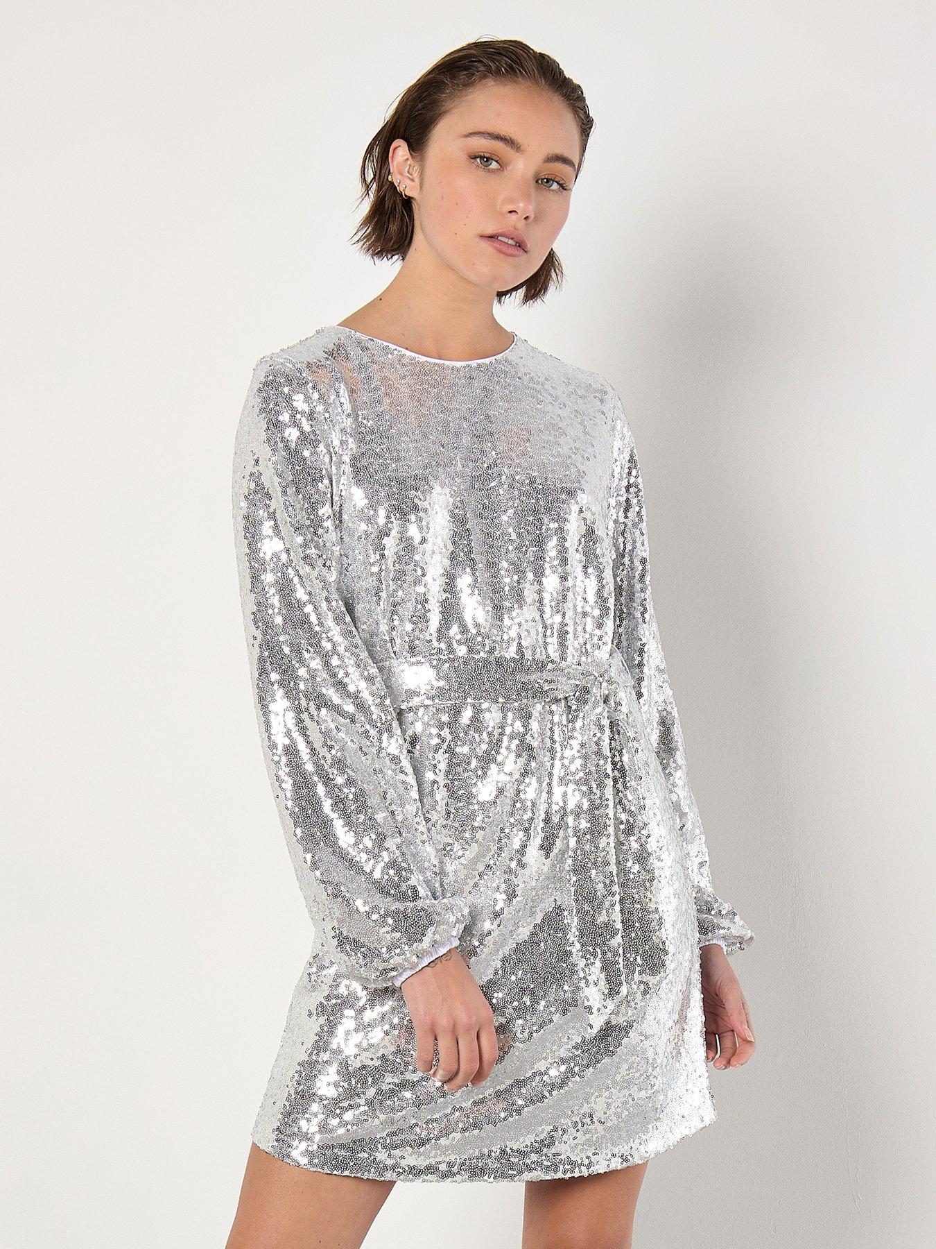 apricot-sequin-puff-sleeve-tie-shift-dress