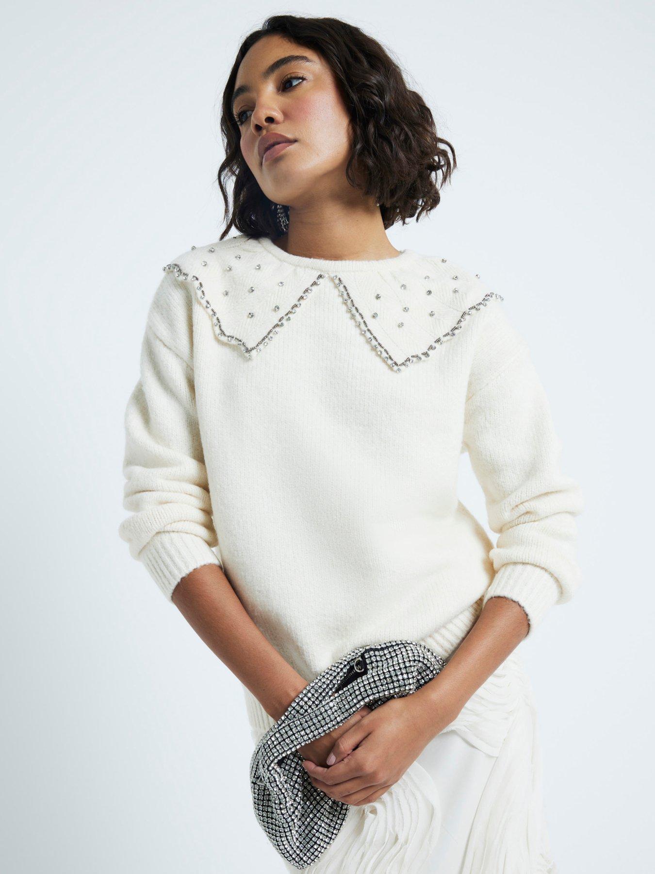 Image of River Island Ultimate Embellished Collar Jumper - Cream