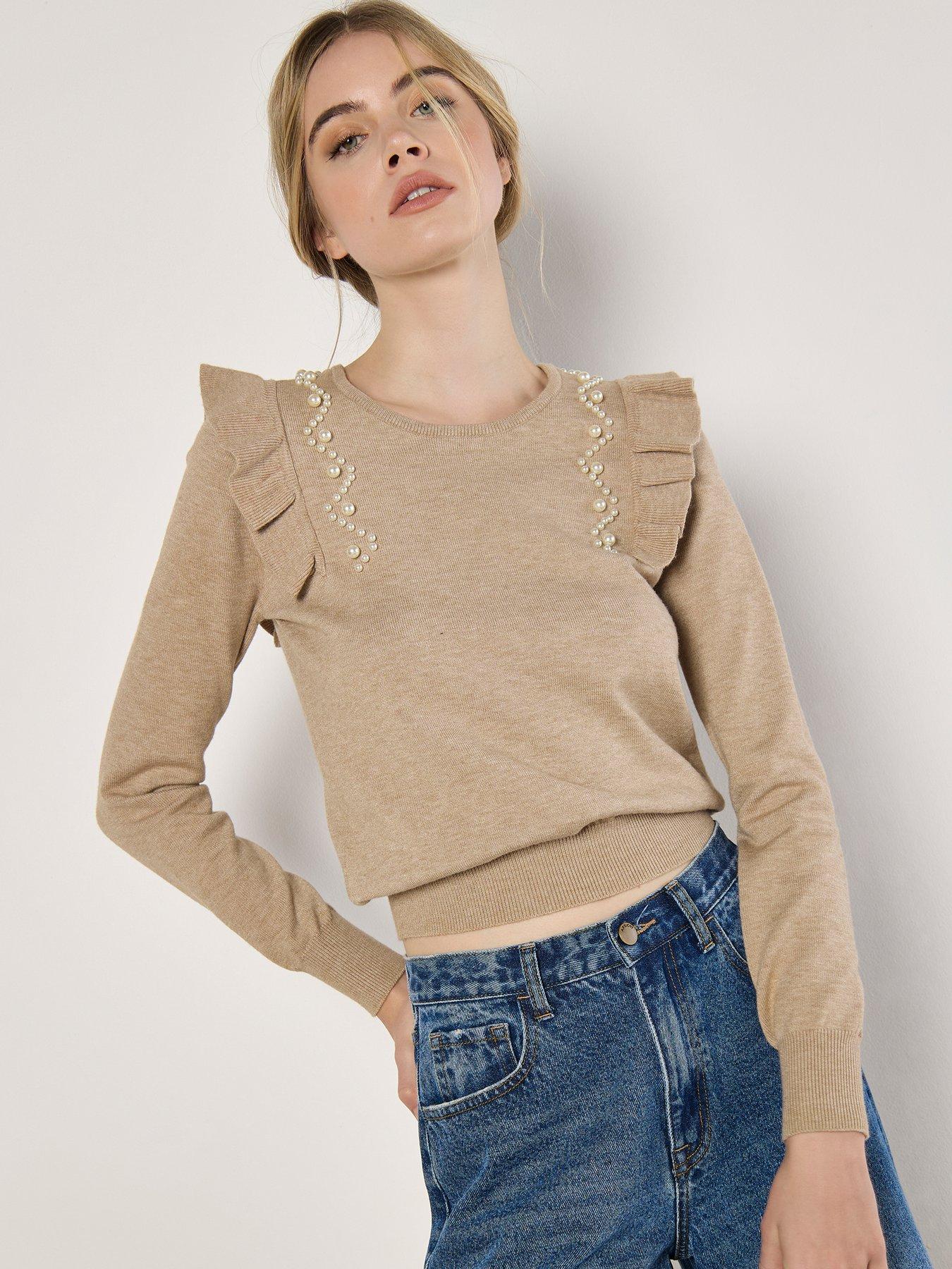 apricot-apricot-ruffle-amp-pearl-shoulder-jumper