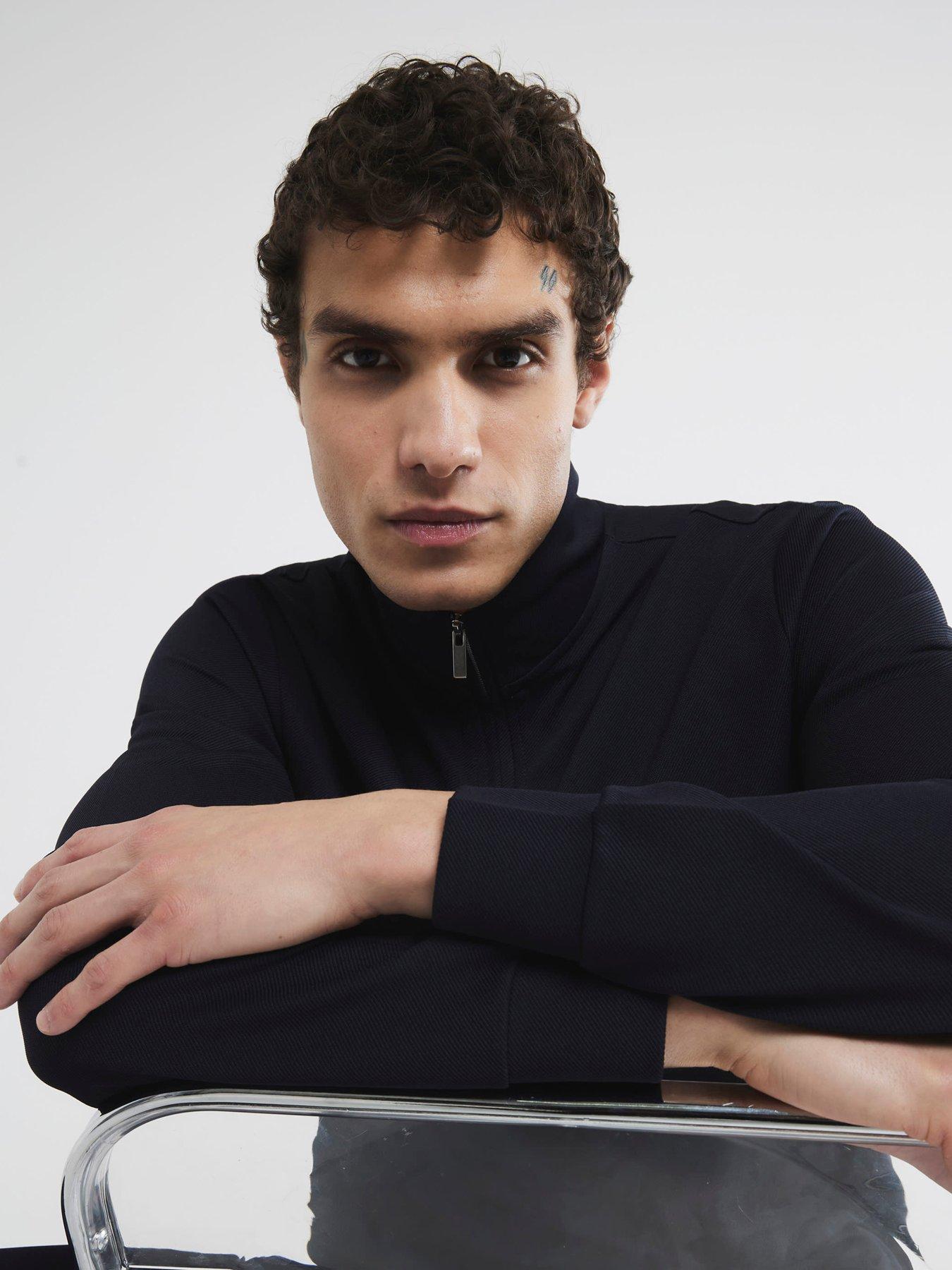 river-island-slim-smart-pique-funnel-neck-14-zip-sweat-navyoutfit