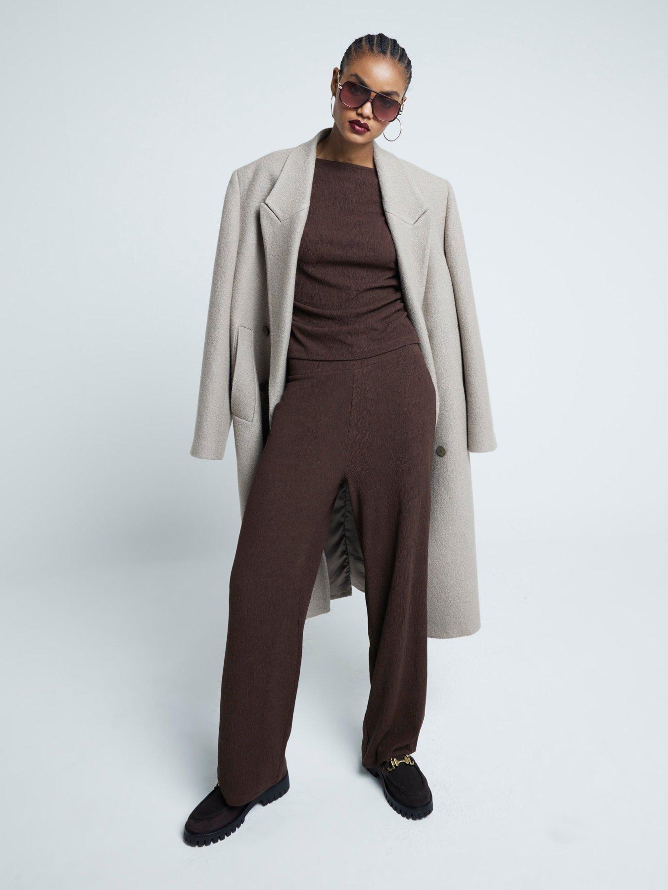 Image of River Island Textured Wide Leg Trouser - Dark Brown