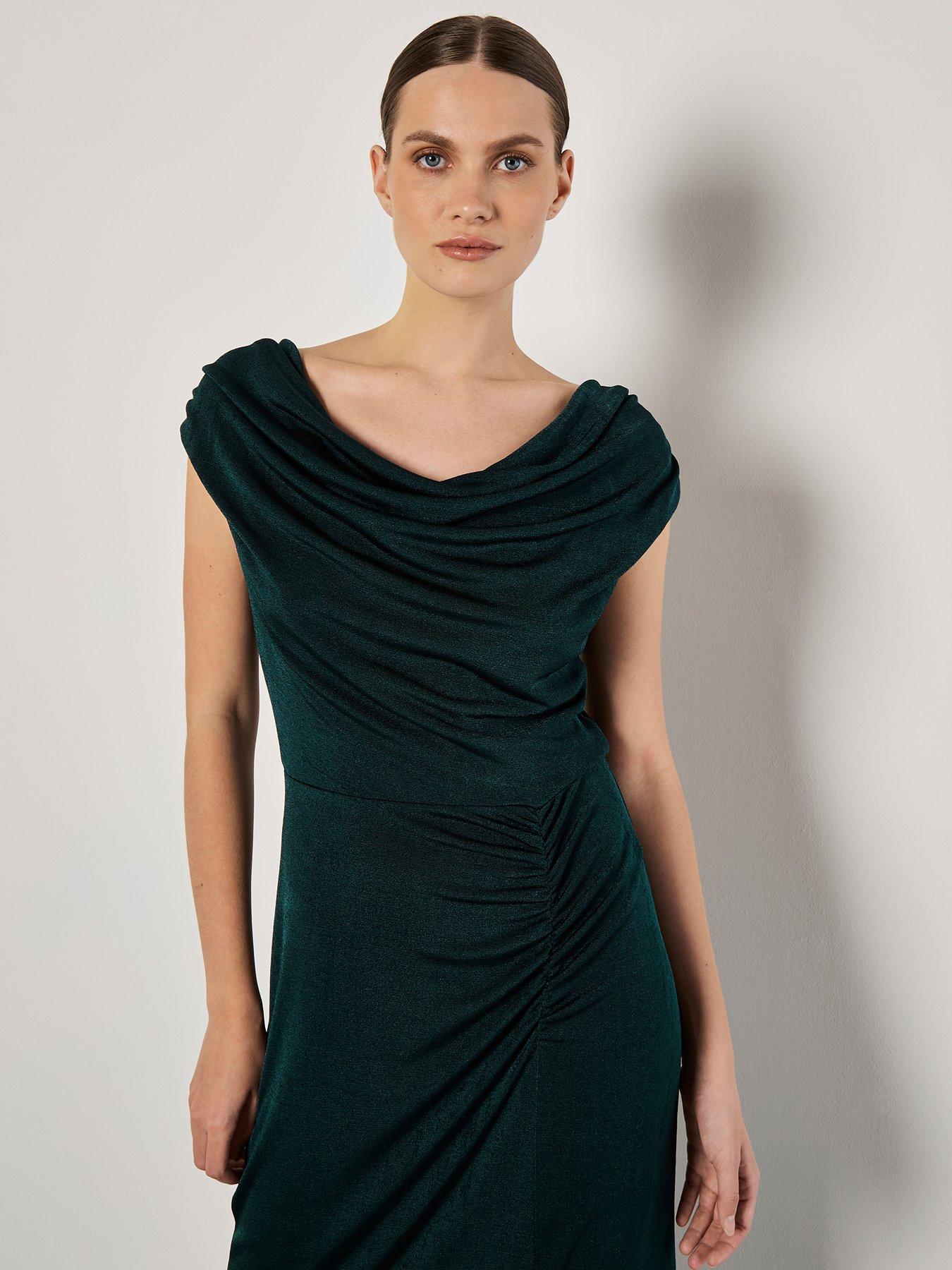 apricot-shiny-ruched-cowl-neck-dressback