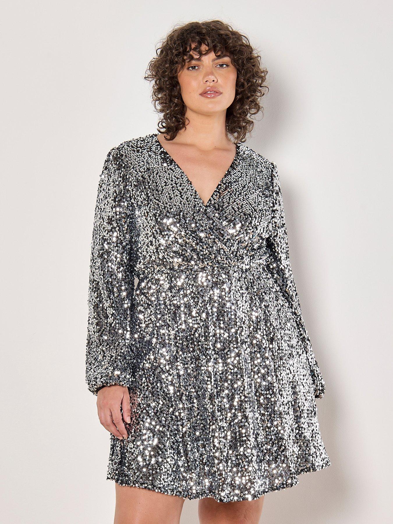 apricot-sequin-faux-wrap-puff-sleeve-dress