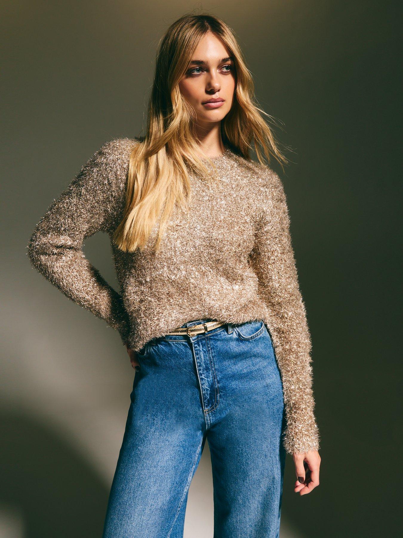 new-look-sparkle-yarn-textured-crew-neck-jumper-gold