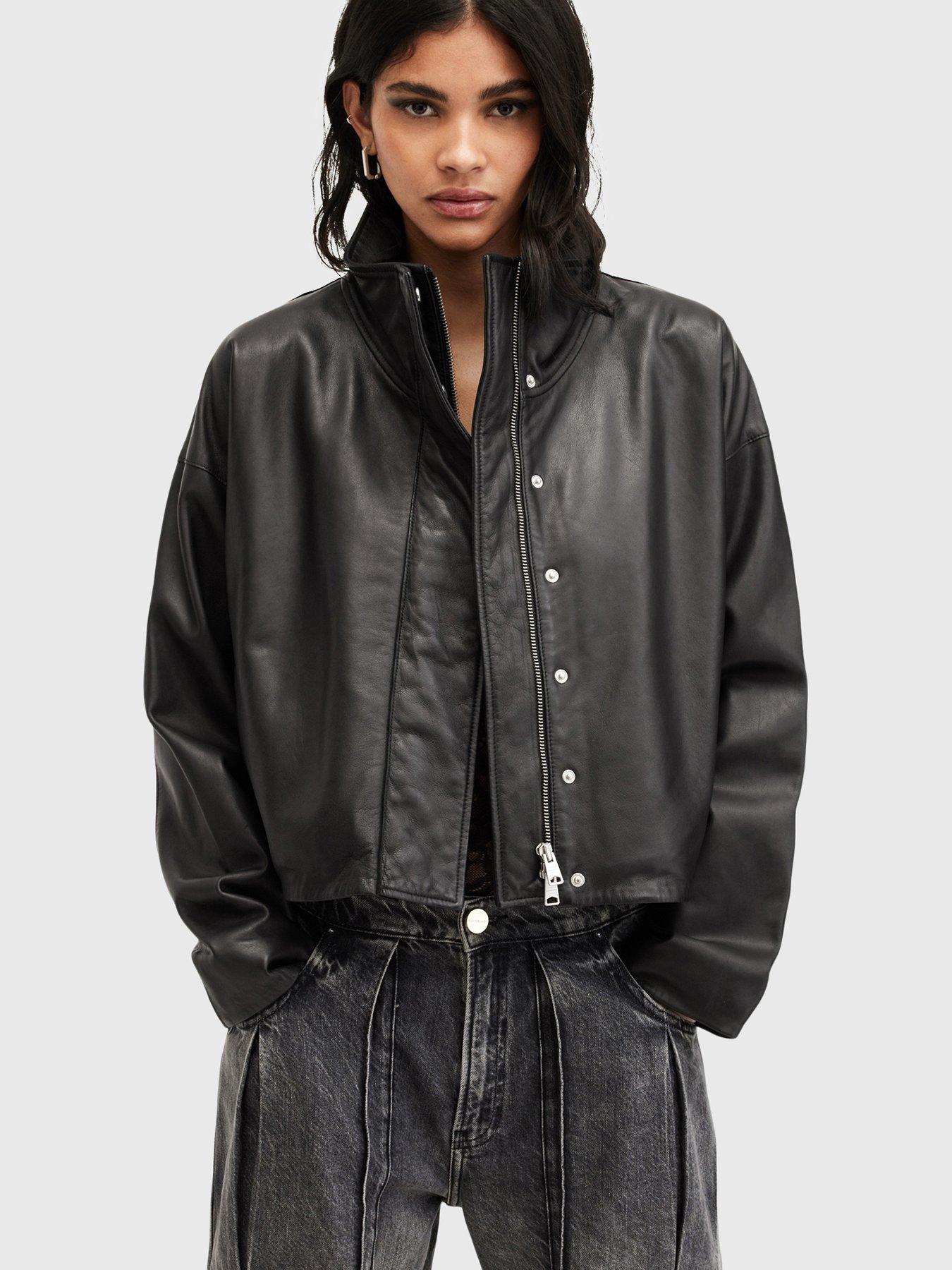 Image 1 of 5 of AllSaints Ryder Funnel Neck Leather Jacket - Black