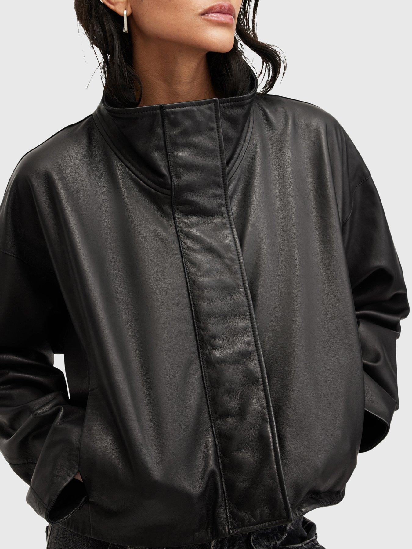 Image 4 of 5 of AllSaints Ryder Funnel Neck Leather Jacket - Black