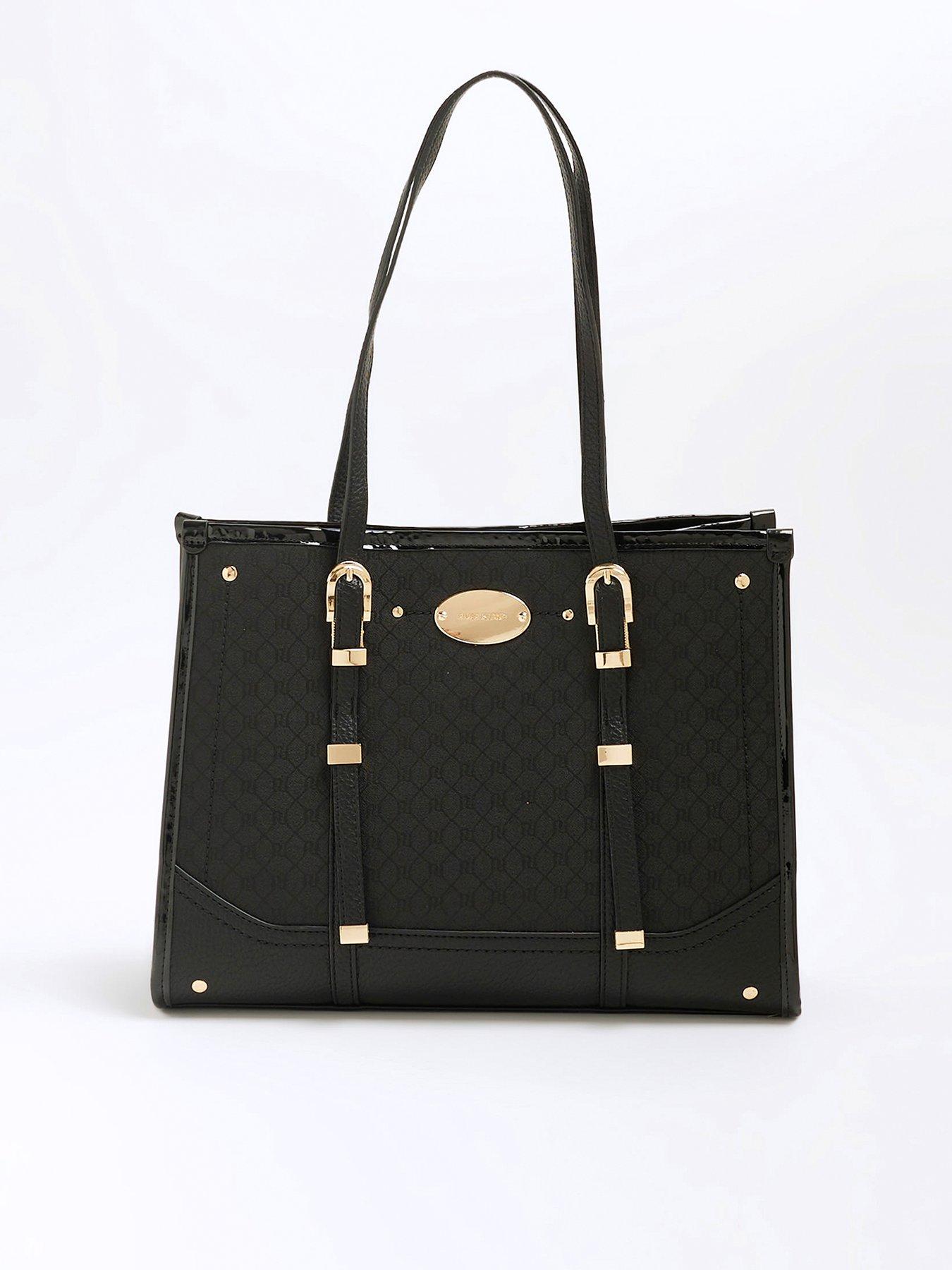 river-island-medium-jacquard-buckle-tote-bag-black