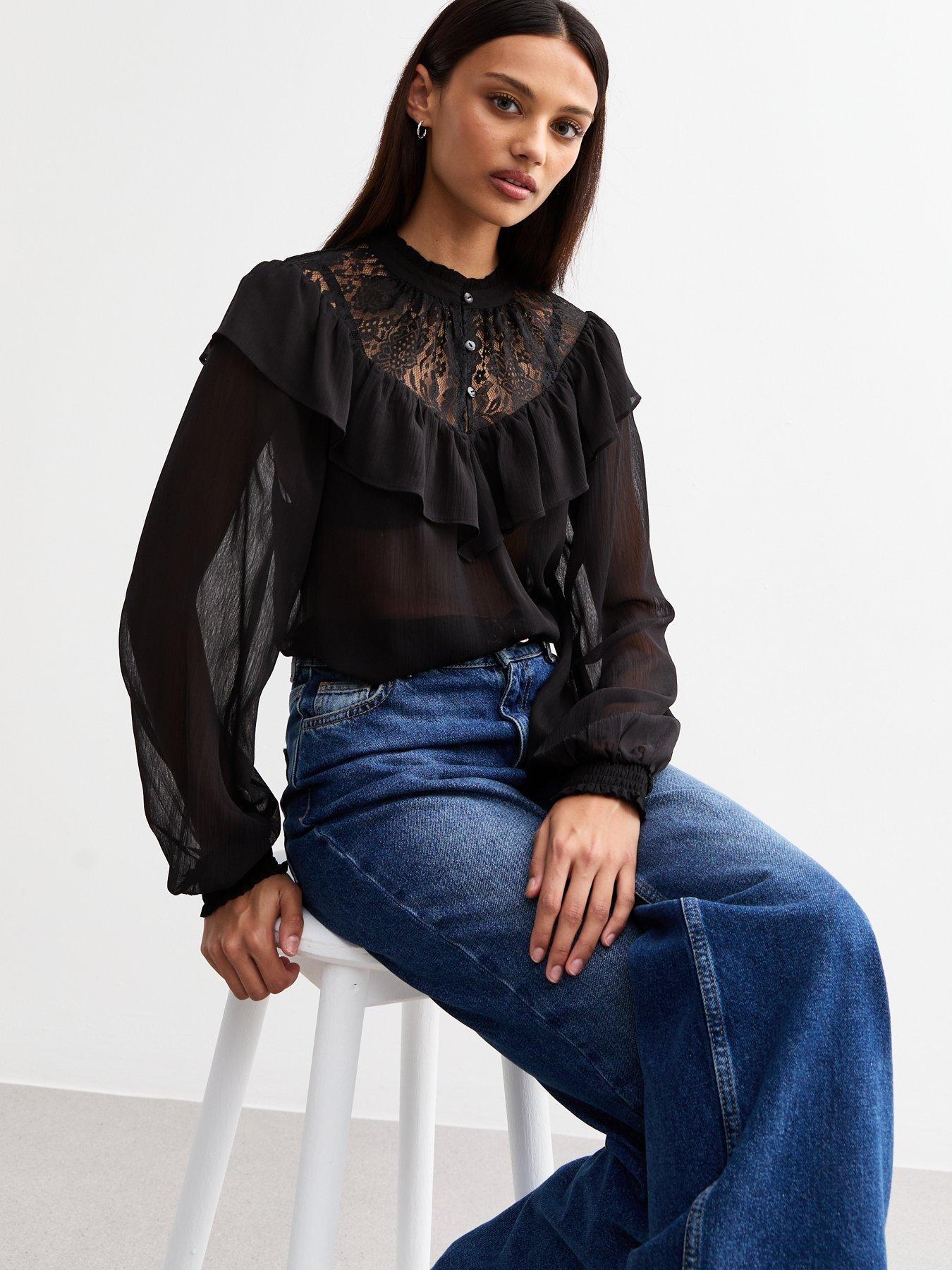 Lace Frill Trim Sheer Chiffon Top Black