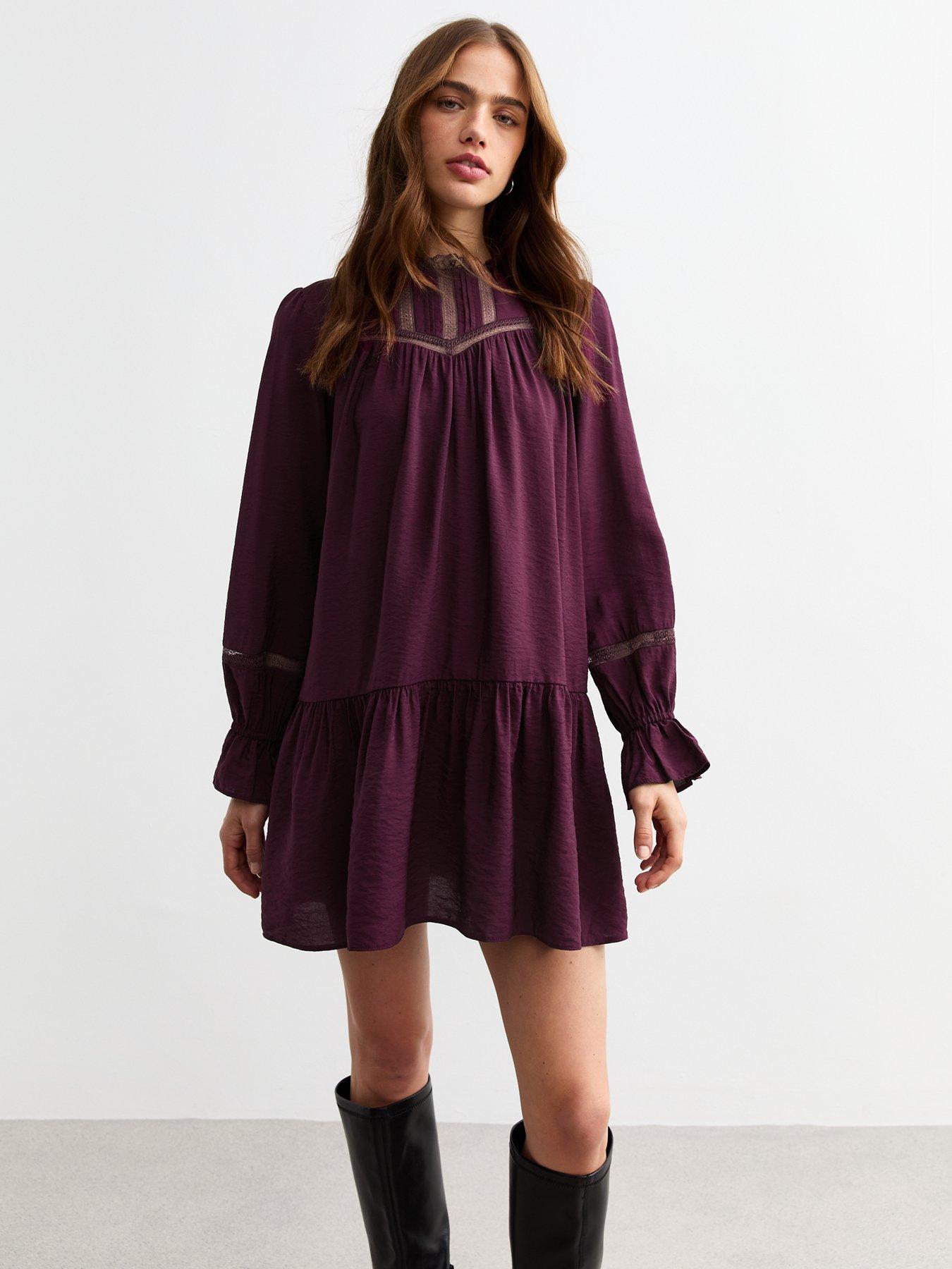 Image of New Look Burgundy Lace Insert Mini Smock Dress - Red