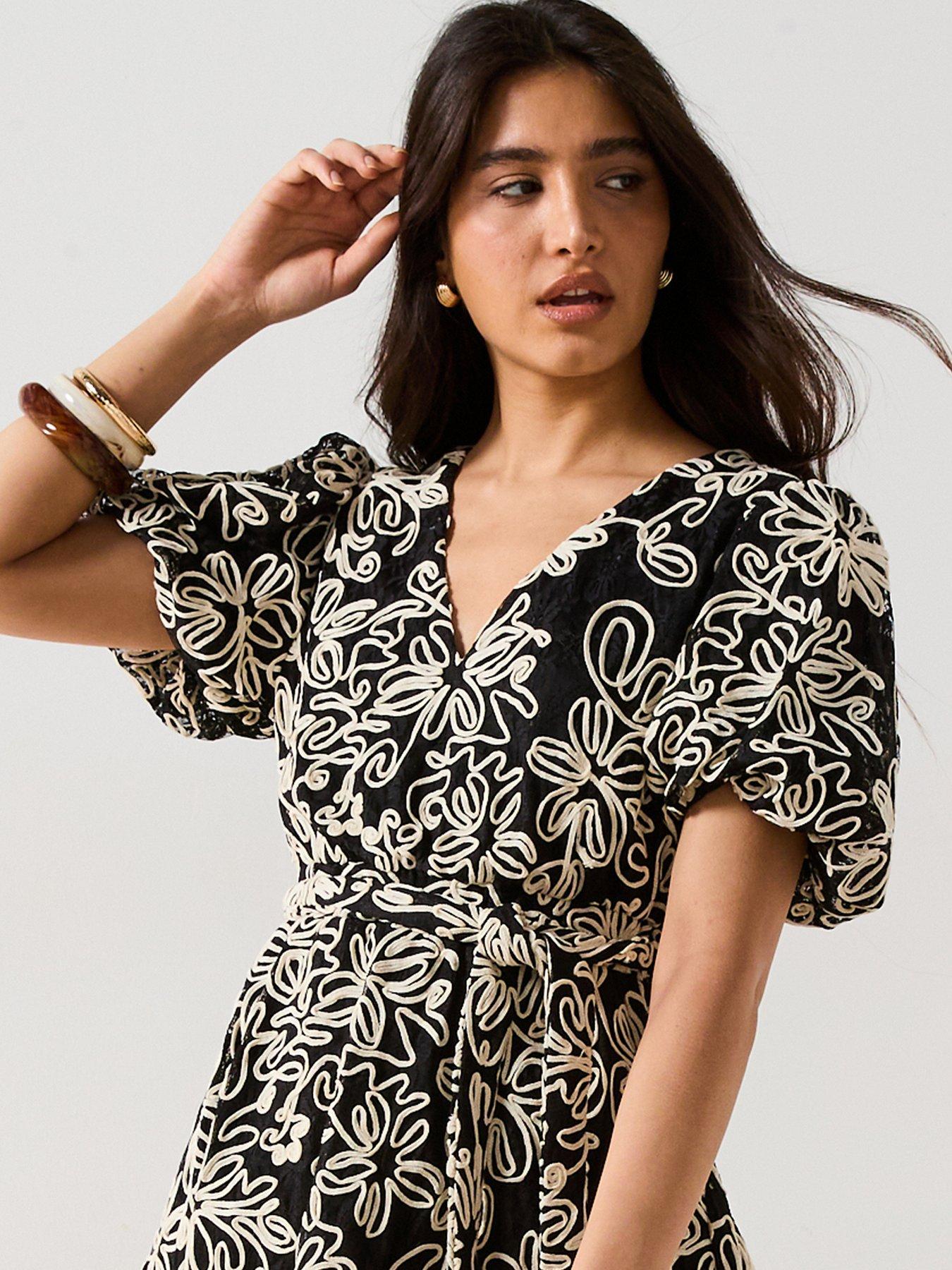 V by Very Mono Embroidered Lace Mini Dress - Black