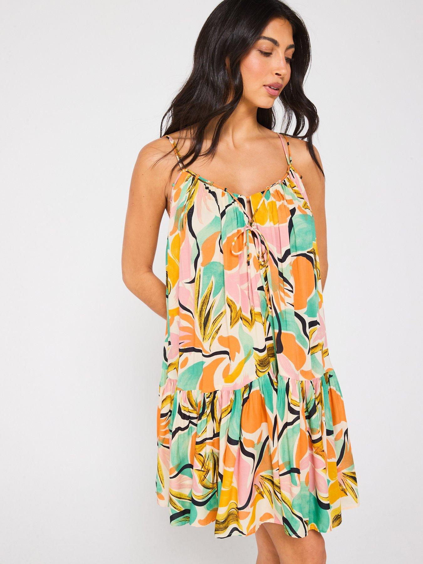 Image 1 of 5 of V by Very Strappy Tiered Beach Mini Dress - Print