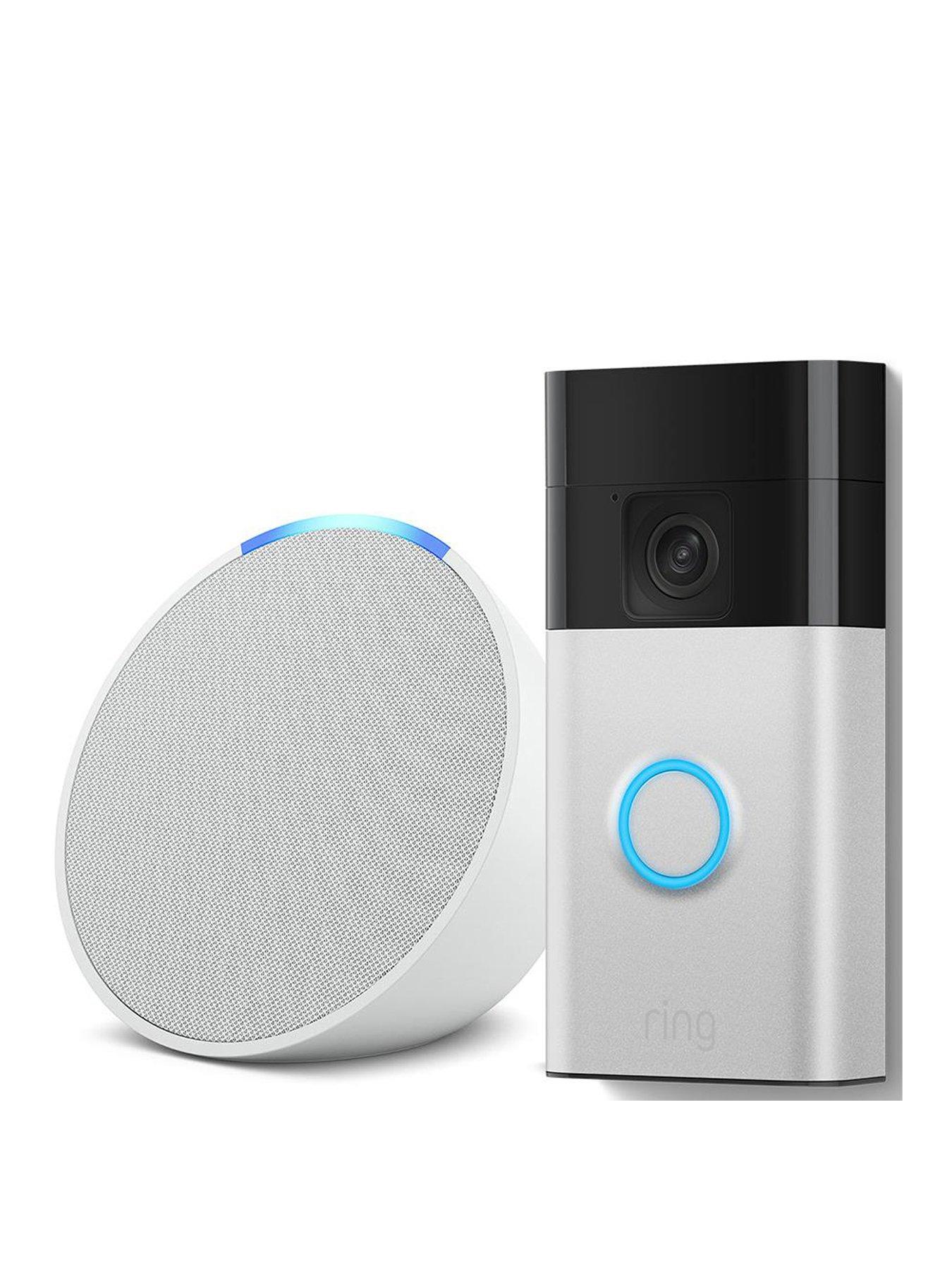 Image 1 of 7 of RING Ring Video Doorbell (3rd Gen) Satin Nickel and Amazon Echo Pop White Smart Speaker