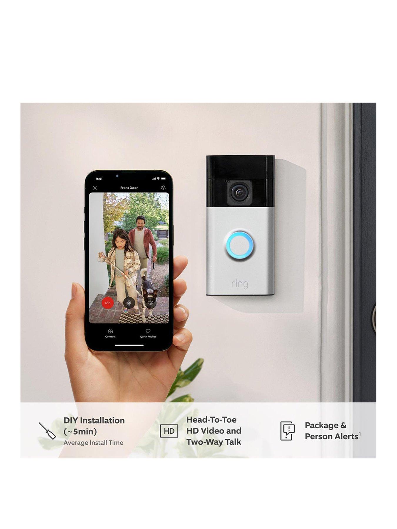 Image 3 of 7 of RING Ring Video Doorbell (3rd Gen) Satin Nickel and Amazon Echo Pop White Smart Speaker