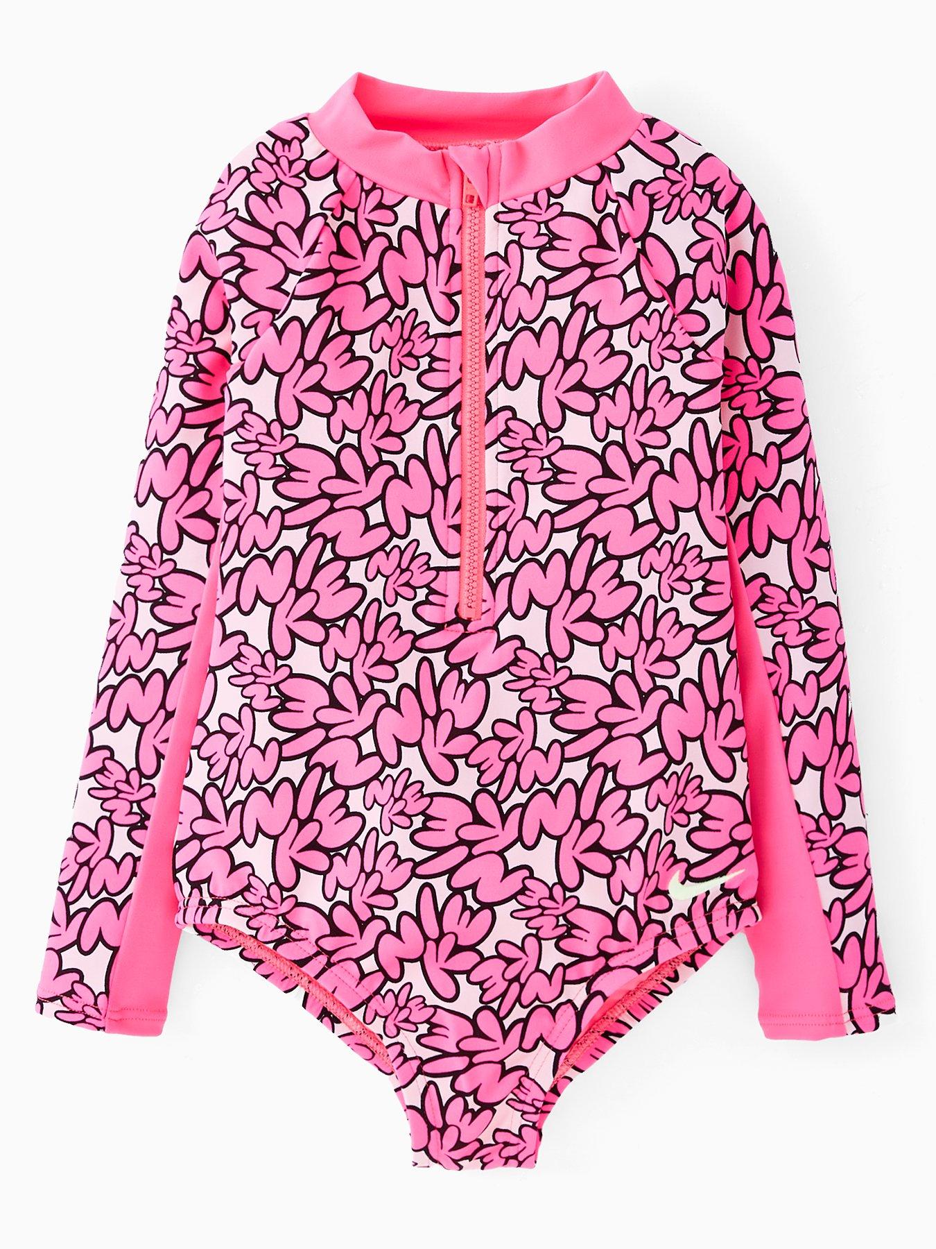 Nike Younger Girls Bubble Font Long Sleeve One Piece Swimsuit - Pink