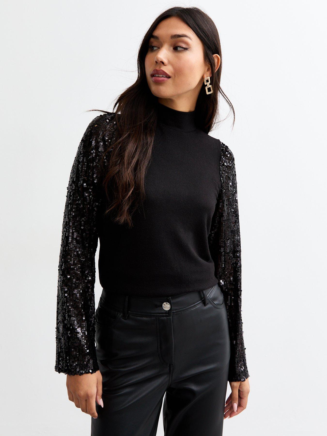 new-look-sequin-sleeve-knitted-top-black