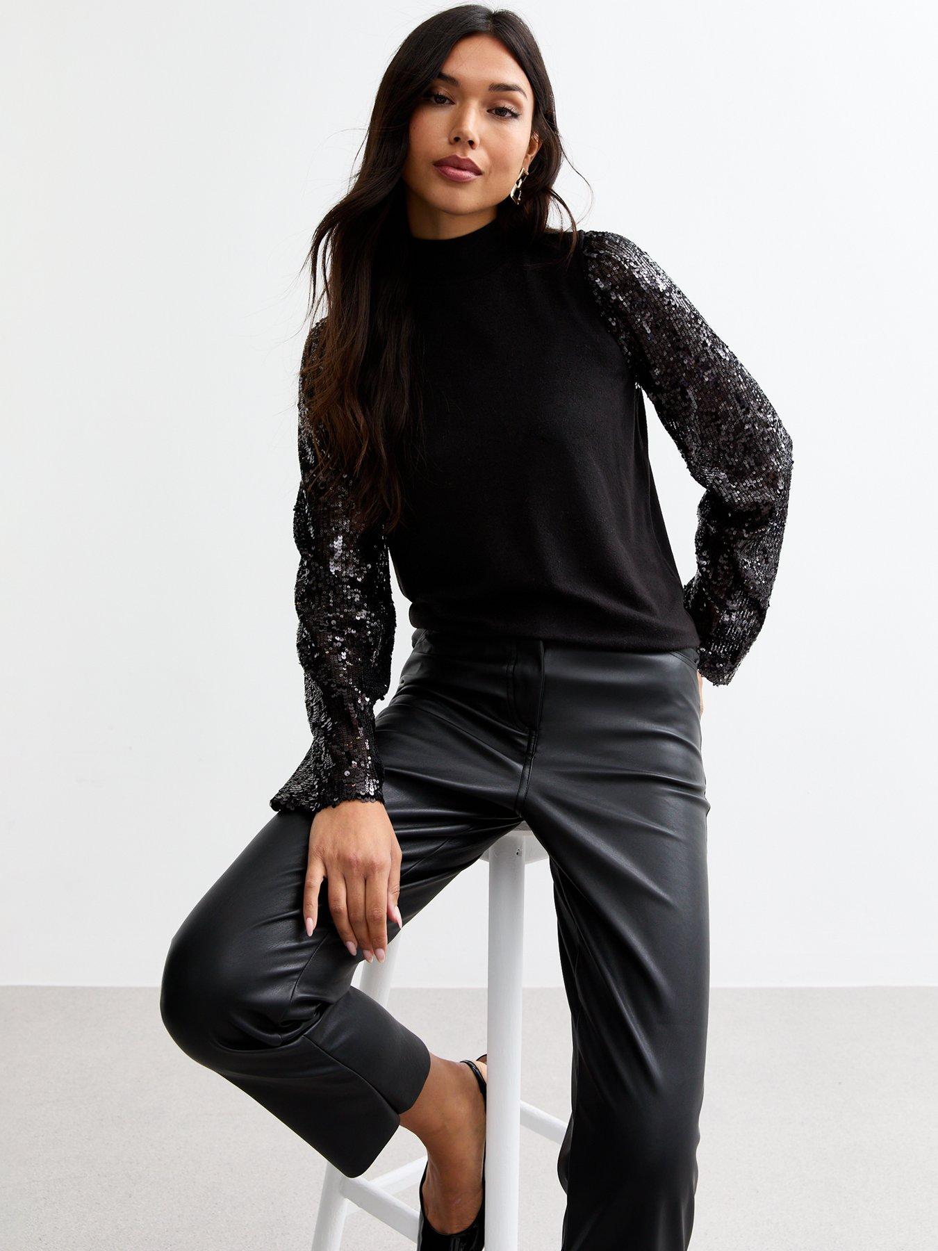 new-look-black-sequin-sleeve-knitted-topback