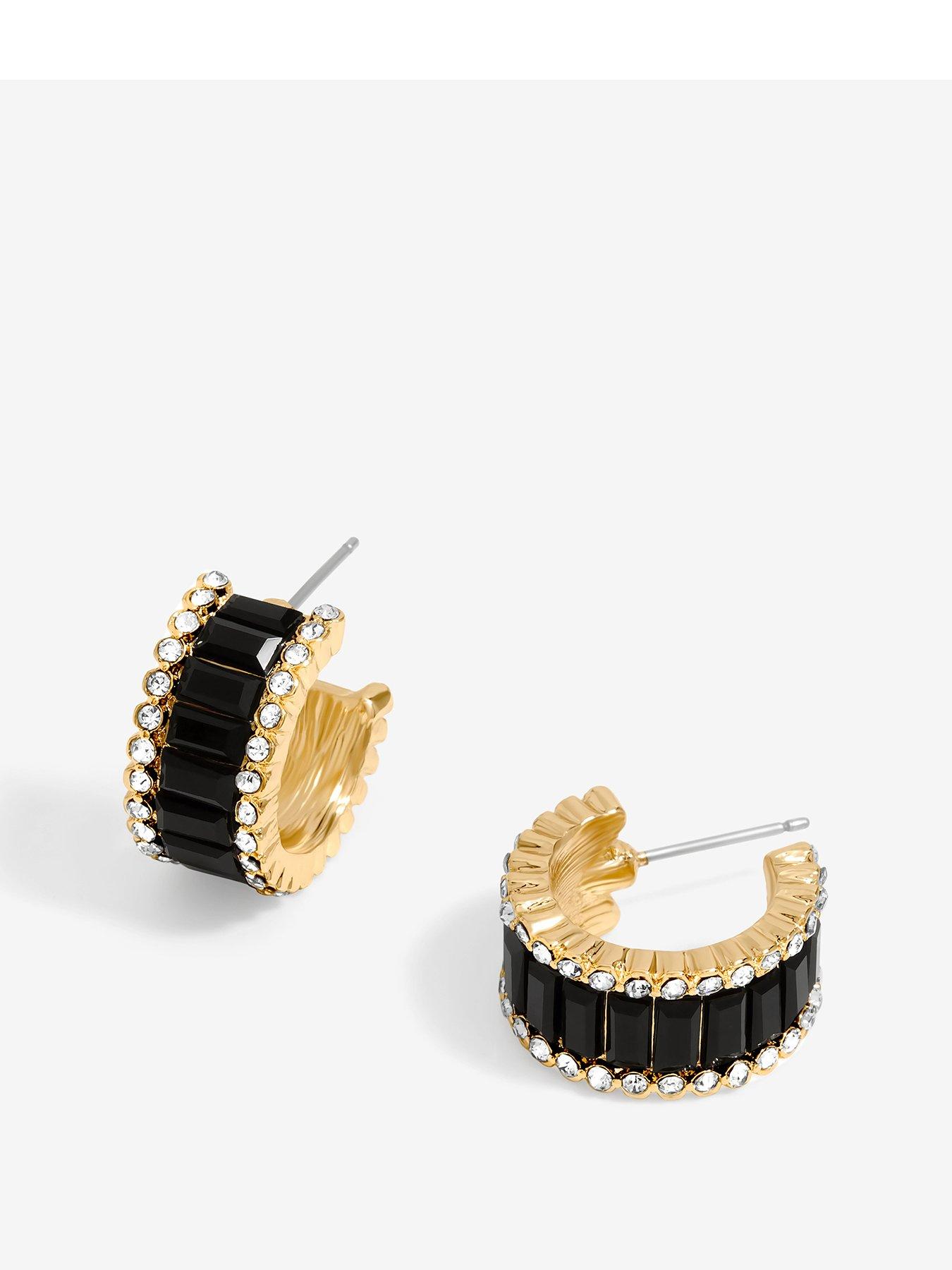Image 1 of 3 of Jon Richard Jon Richard Gold Plated And Jet Baguette Stone Hoop Earrings