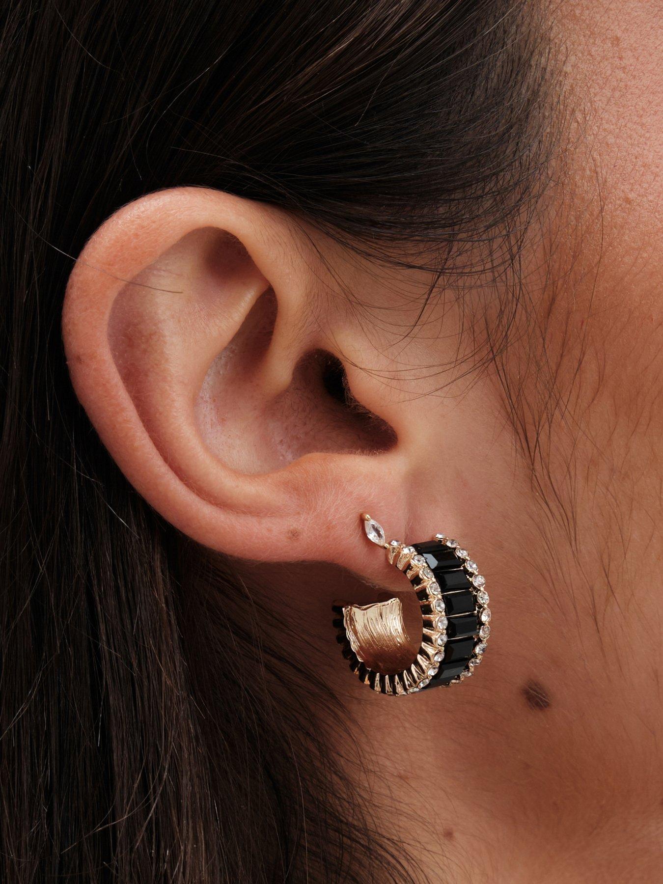 Image 3 of 3 of Jon Richard Jon Richard Gold Plated And Jet Baguette Stone Hoop Earrings