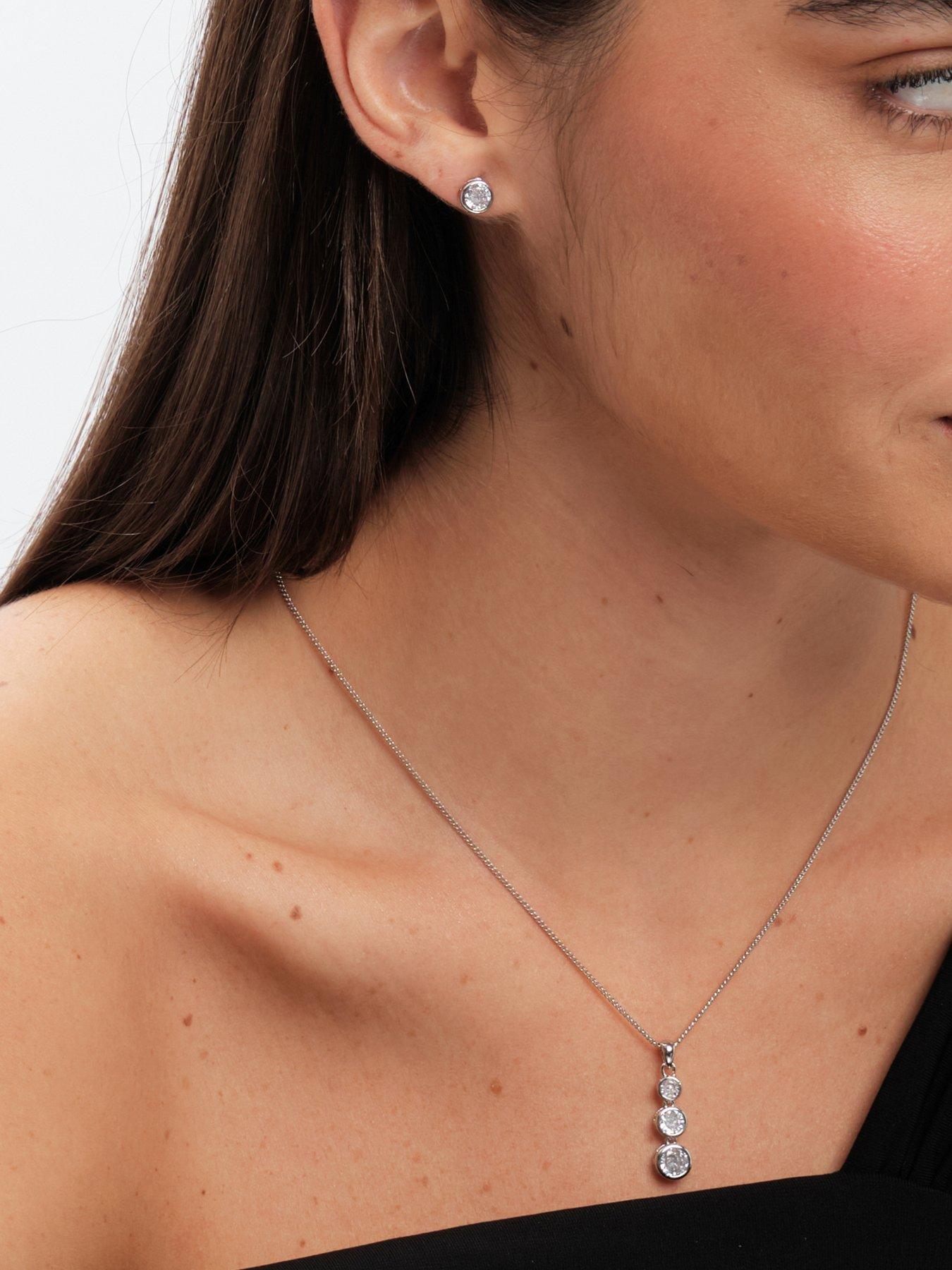 Image 2 of 4 of Jon Richard Jon Richard Rhodium Plated Cubic Zirconia Bezel Stick Pendant And Earrings - Gift Box