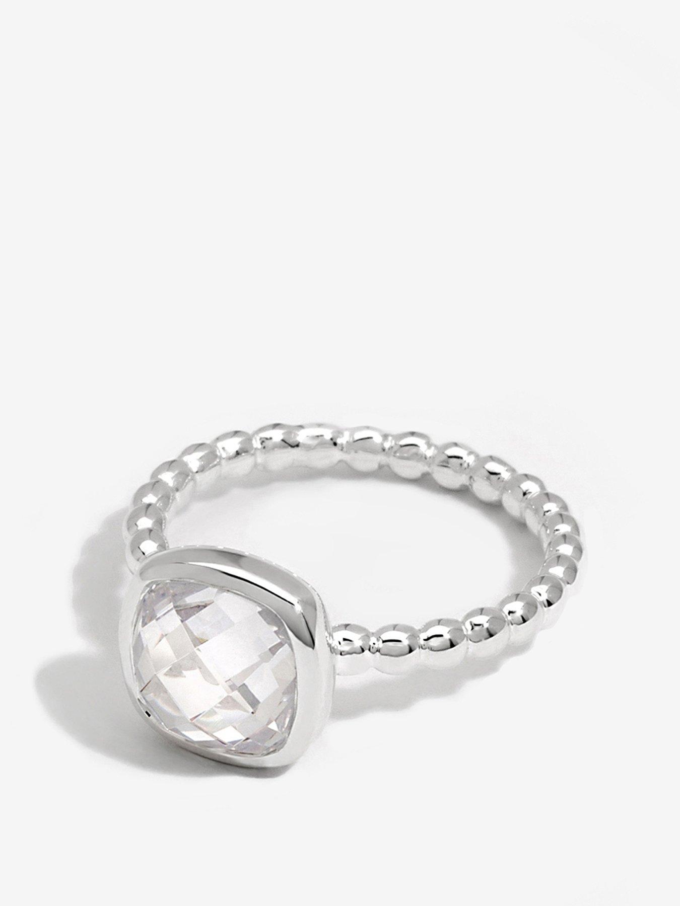 undefined Simply Silver Sterling Silver 925 Beaded Polished And Cubic Zirconia Centre Ring - S