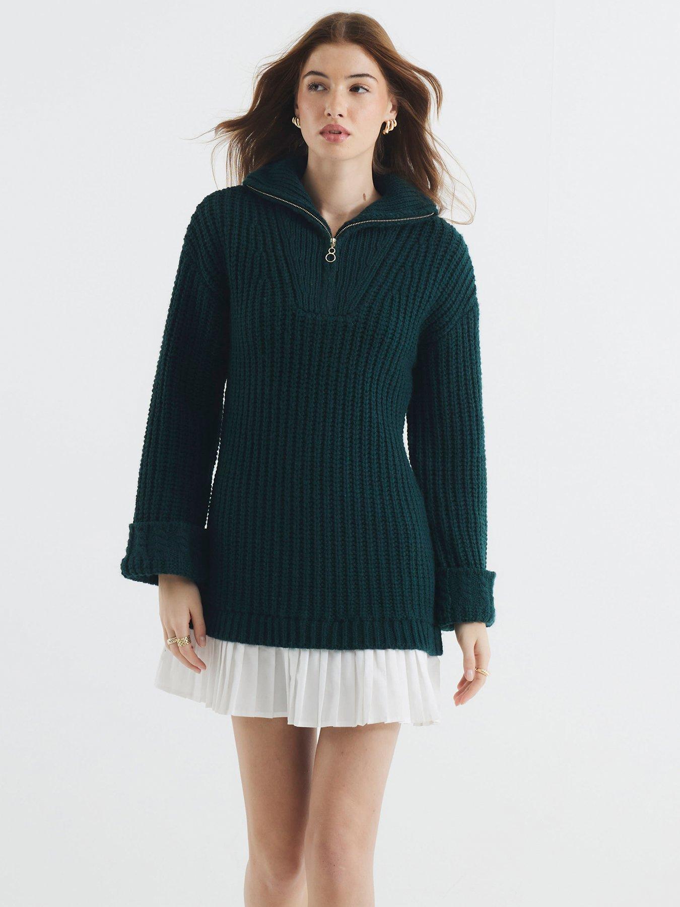 river-island-half-zip-pleated-jumper-dress-dark-khaki