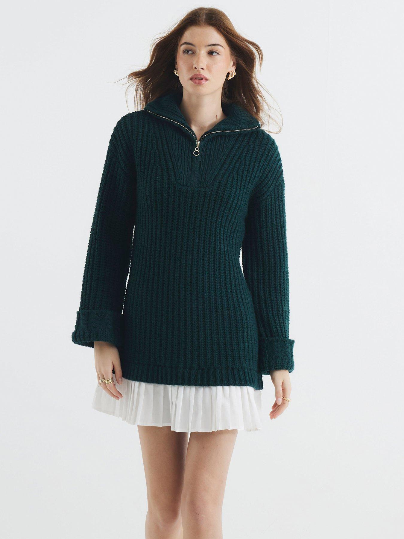 Image 1 of 4 of River Island Half Zip Pleated Jumper Dress - Dark Khaki