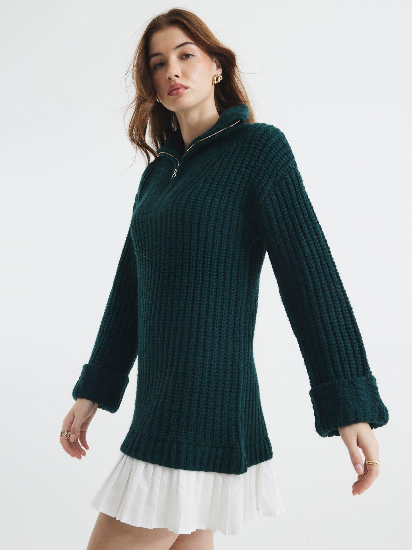 Image 2 of 4 of River Island Half Zip Pleated Jumper Dress - Dark Khaki