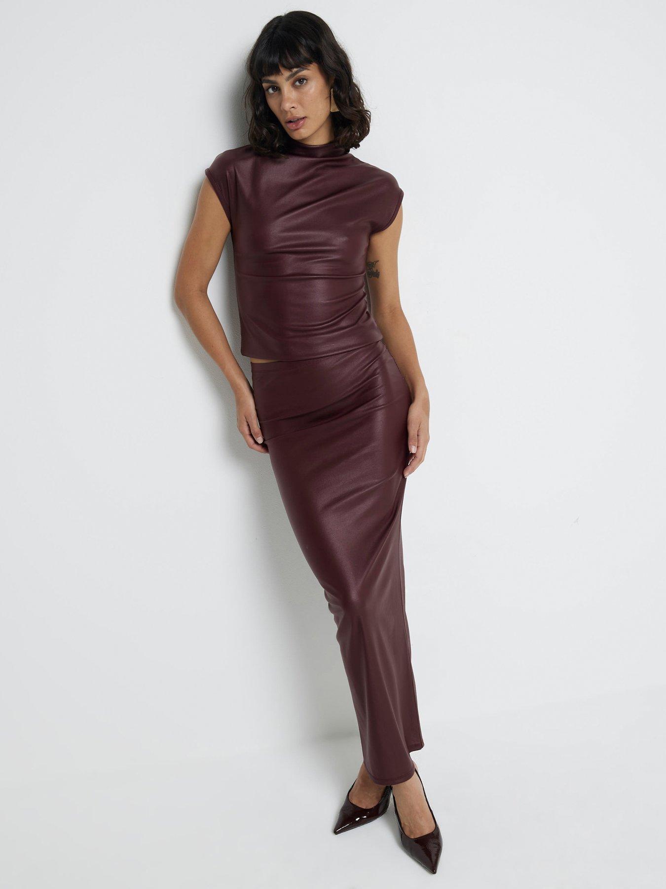 Image of River Island Coated Midi Skirt - Dark Red