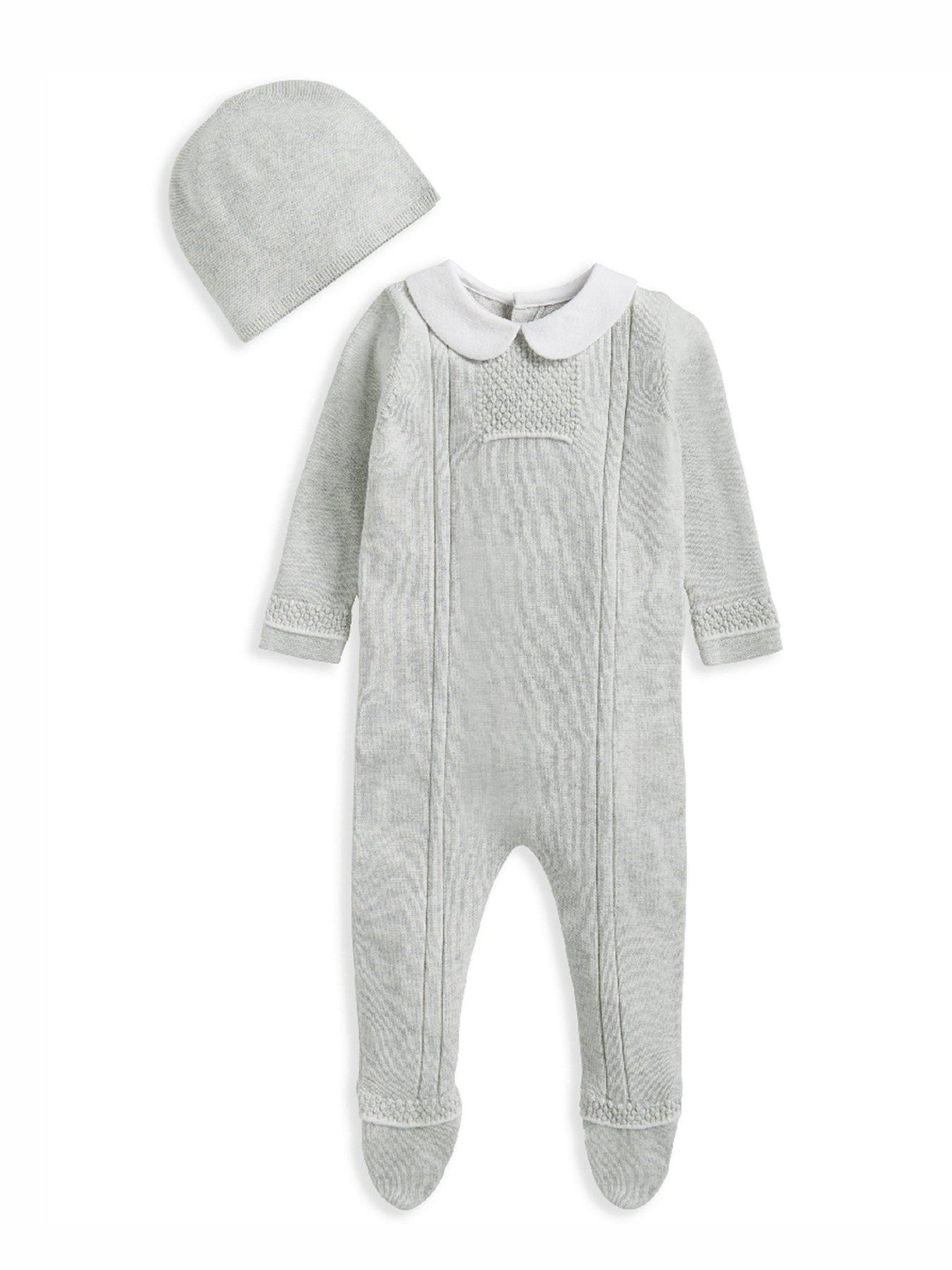 mamas-papas-baby-unisex-rib-and-pearl-knitted-sleepsuit-with-hat-grey