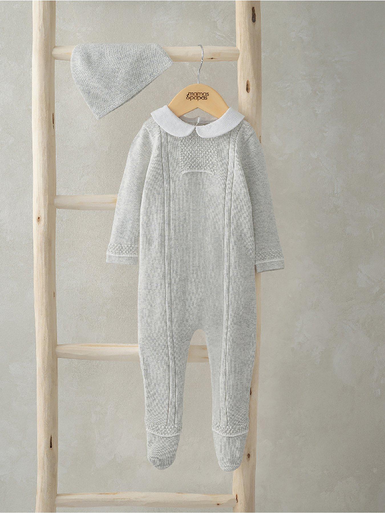 mamas-papas-baby-unisex-rib-and-pearl-knitted-sleepsuit-with-hat-greystillFront