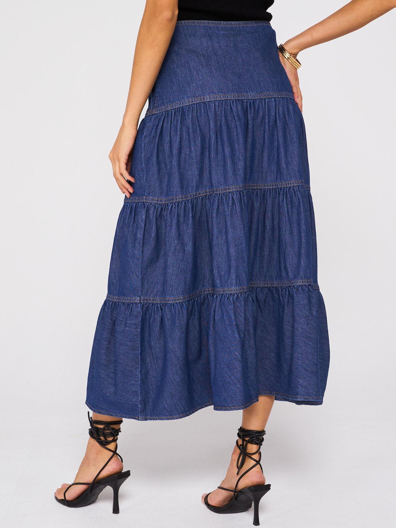 【THEAIRTOWN】 vertical washing denim sk V by Very Tiered Denim Skirt - Dark Wash | Very Ireland