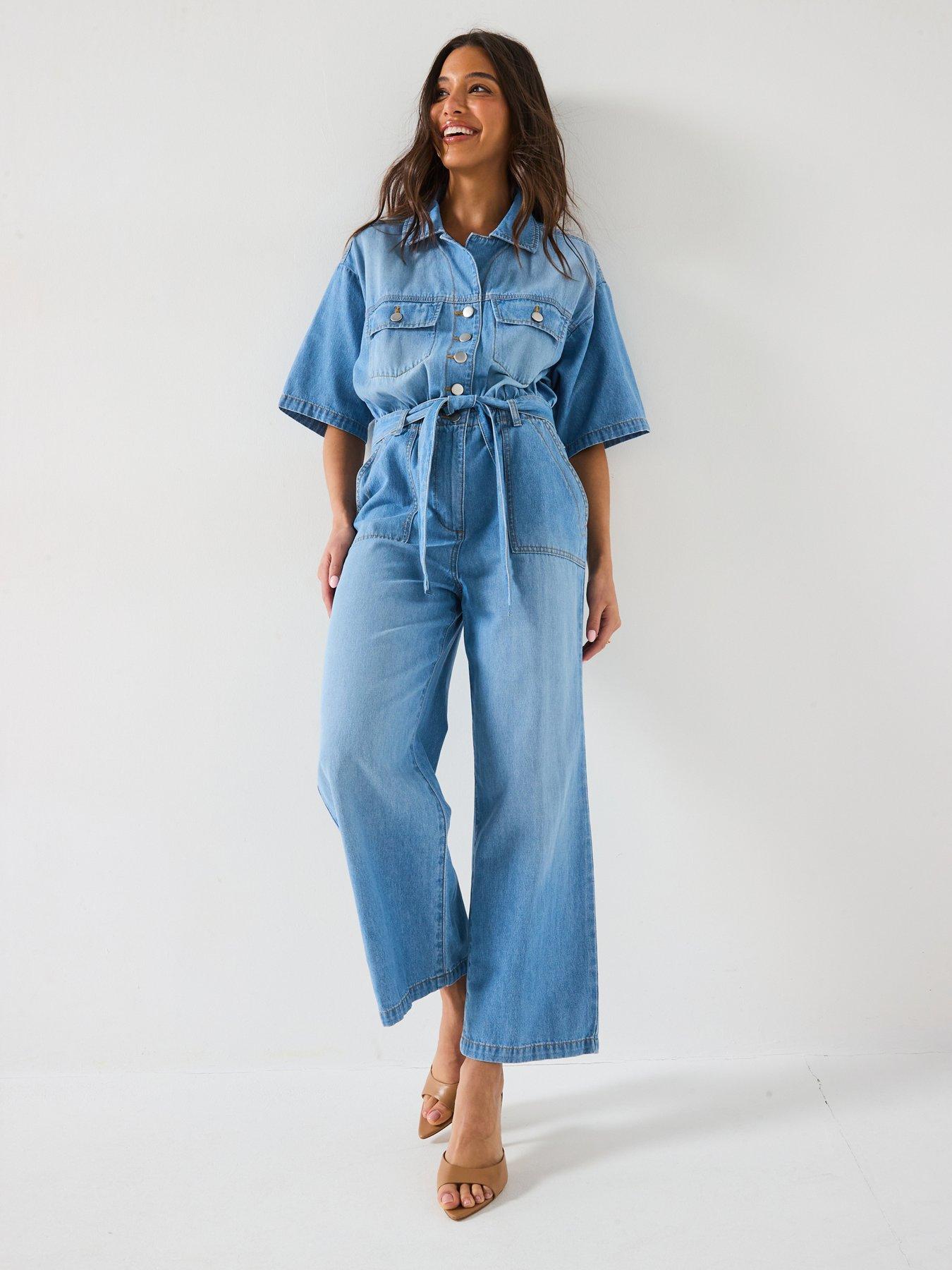 Image 1 of 6 of V by Very Revere Collar Denim Jumpsuit - Mid Wash