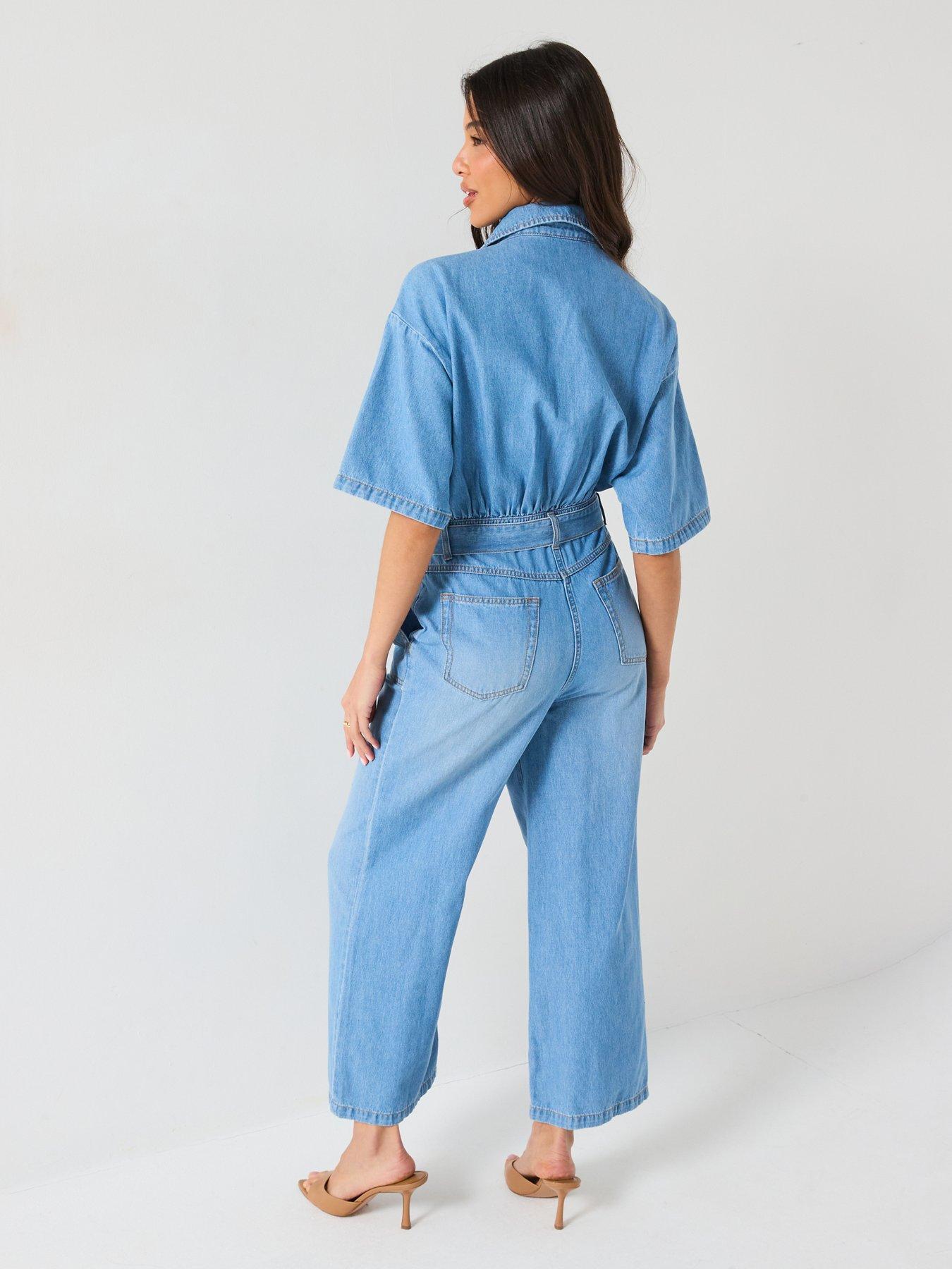Image 2 of 6 of V by Very Revere Collar Denim Jumpsuit - Mid Wash