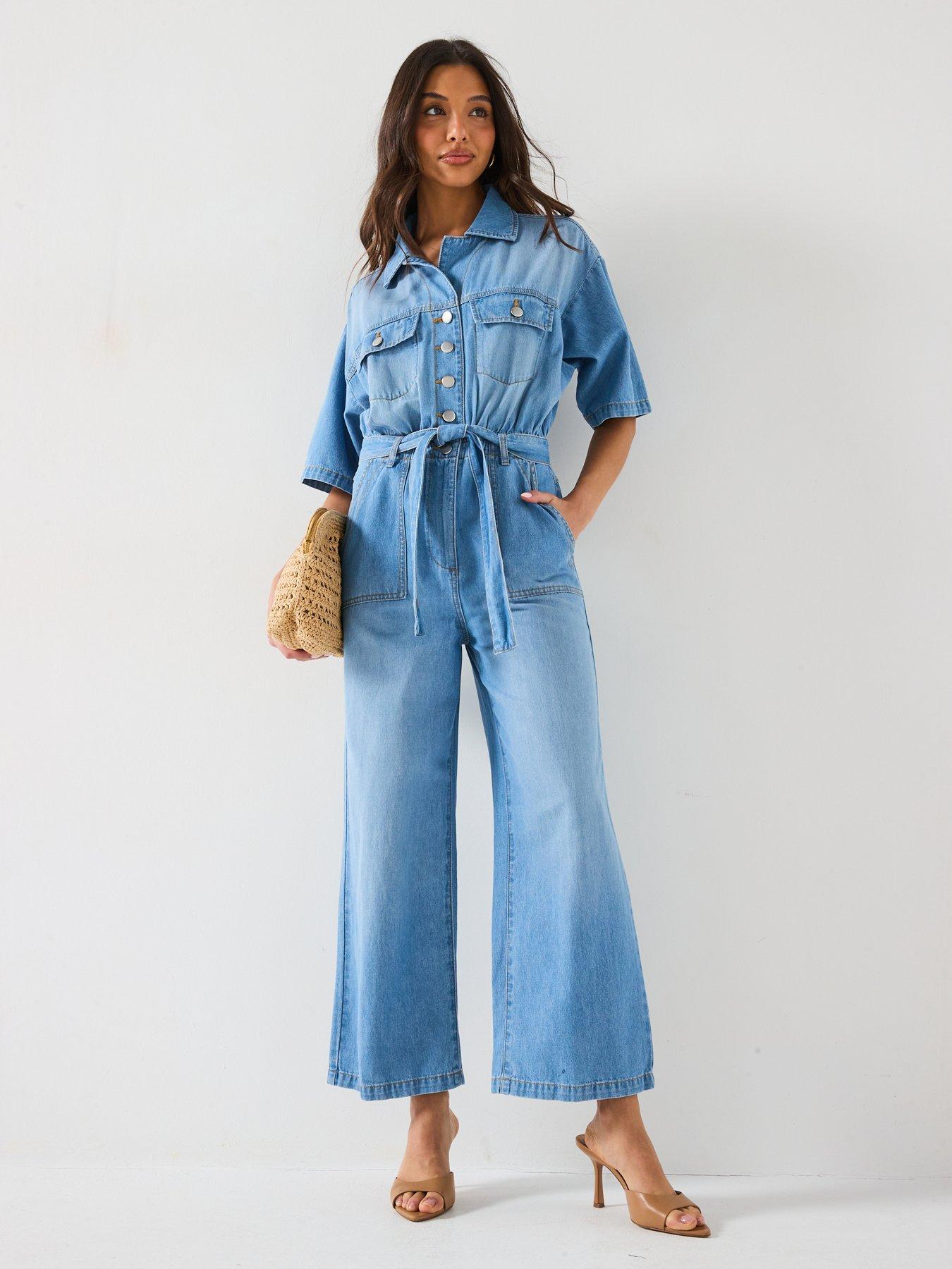 Image 3 of 6 of V by Very Revere Collar Denim Jumpsuit - Mid Wash