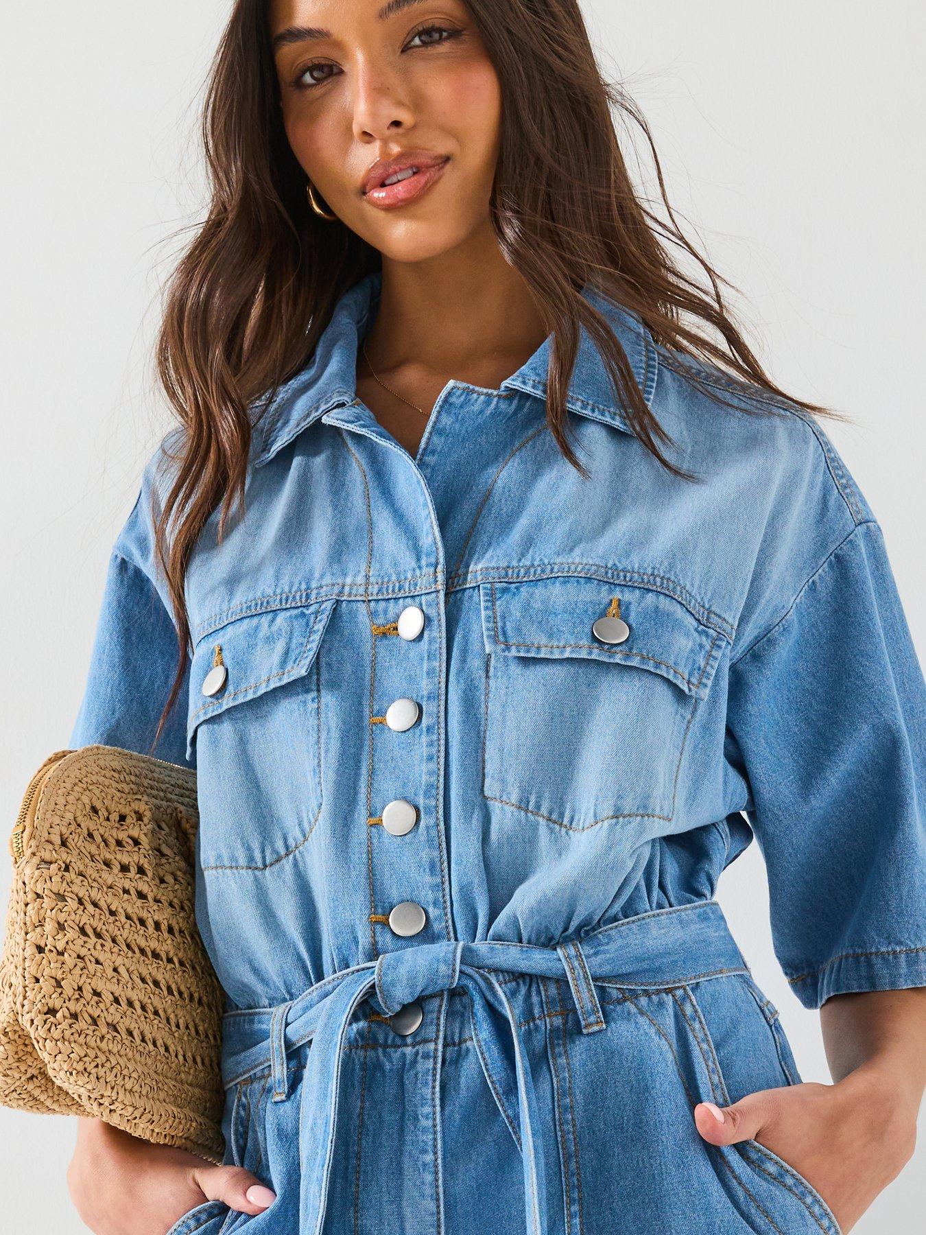 Image 4 of 6 of V by Very Revere Collar Denim Jumpsuit - Mid Wash