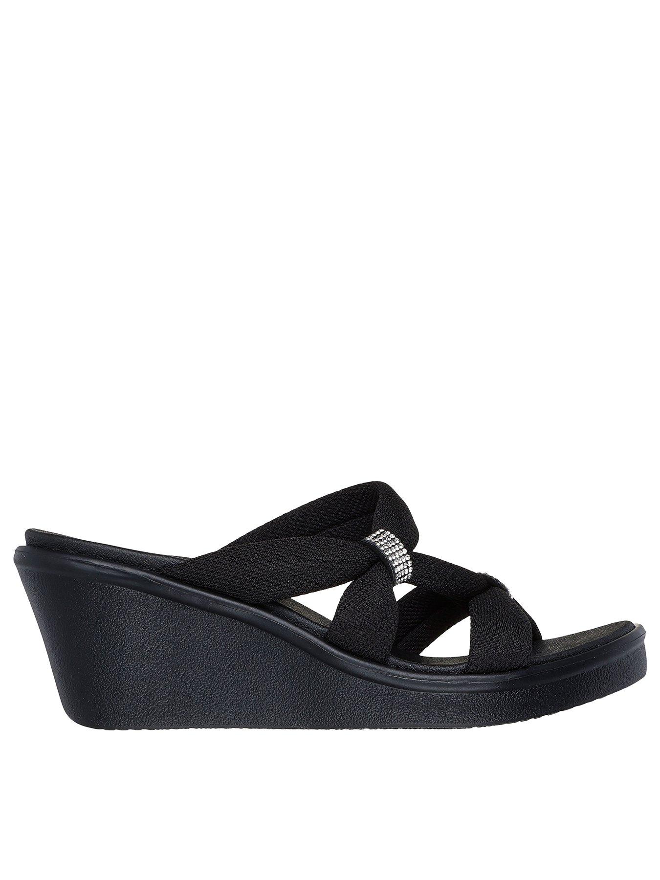 Image of Skechers Rumble On Rhinestone Bow Wedge Sandal - Black Mesh