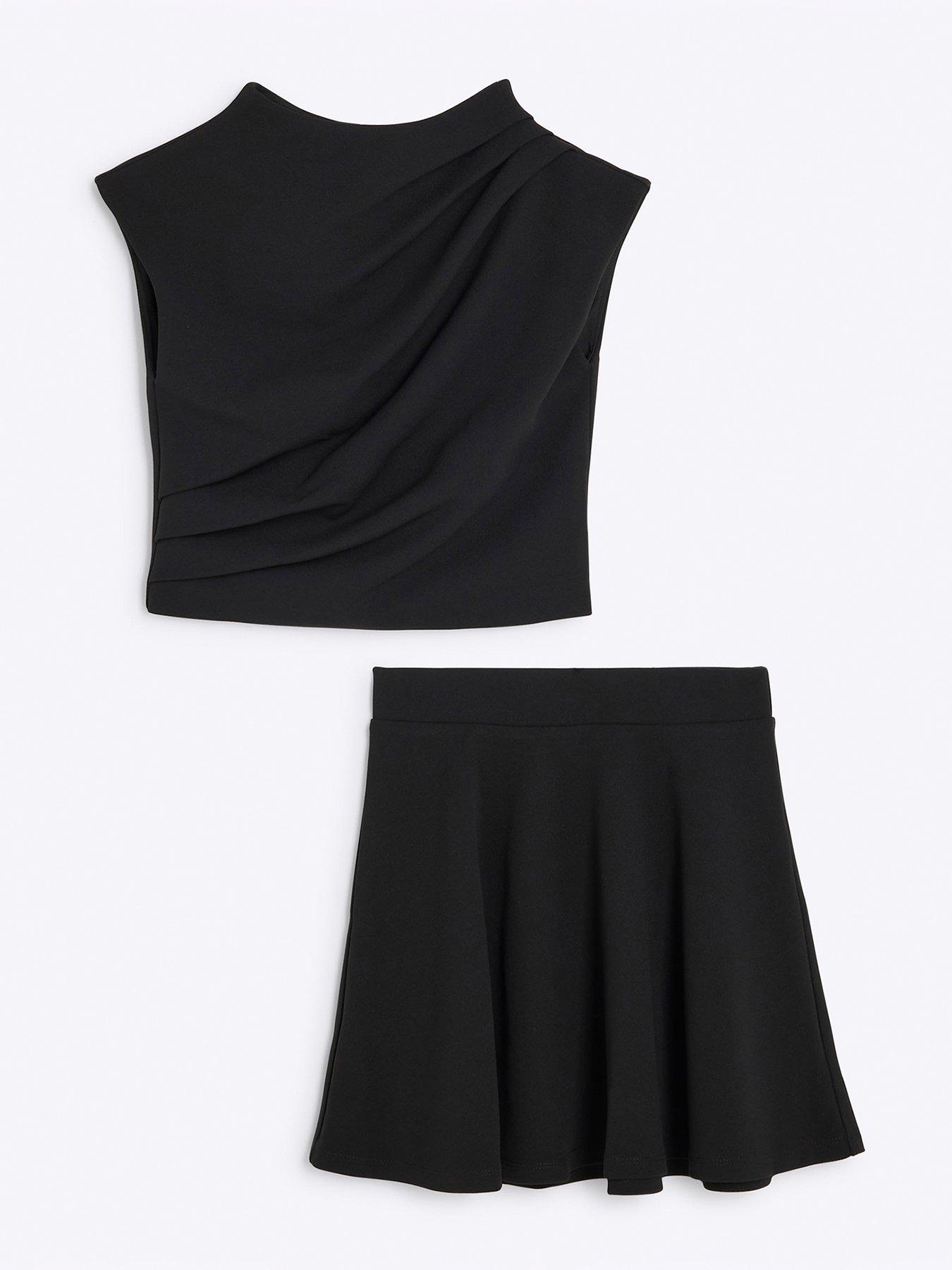 river-island-older-girl-drape-top-and-skirt-set-black