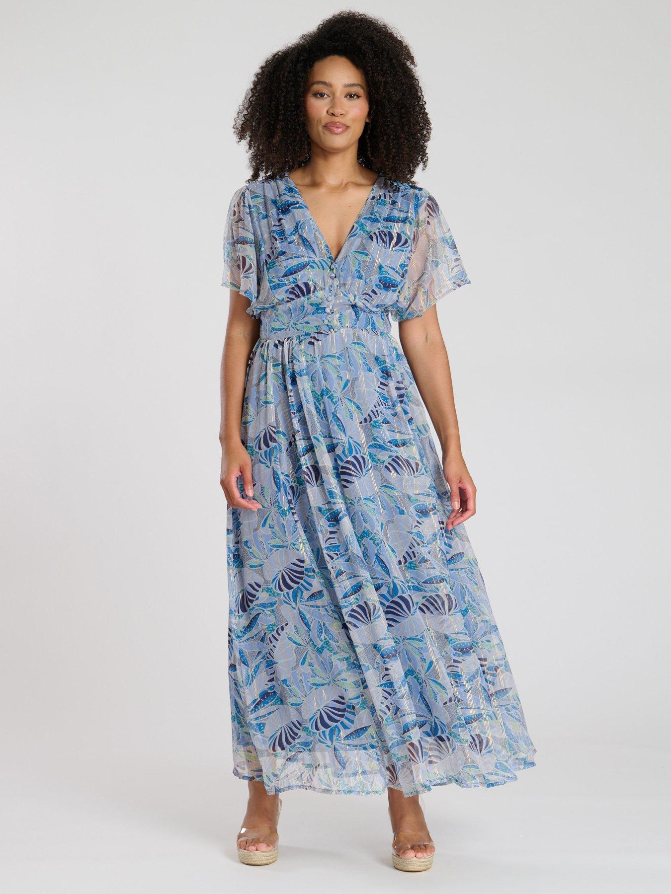 undefined Printed Metallic Chiffon Button Detail Midi Dress - Blue