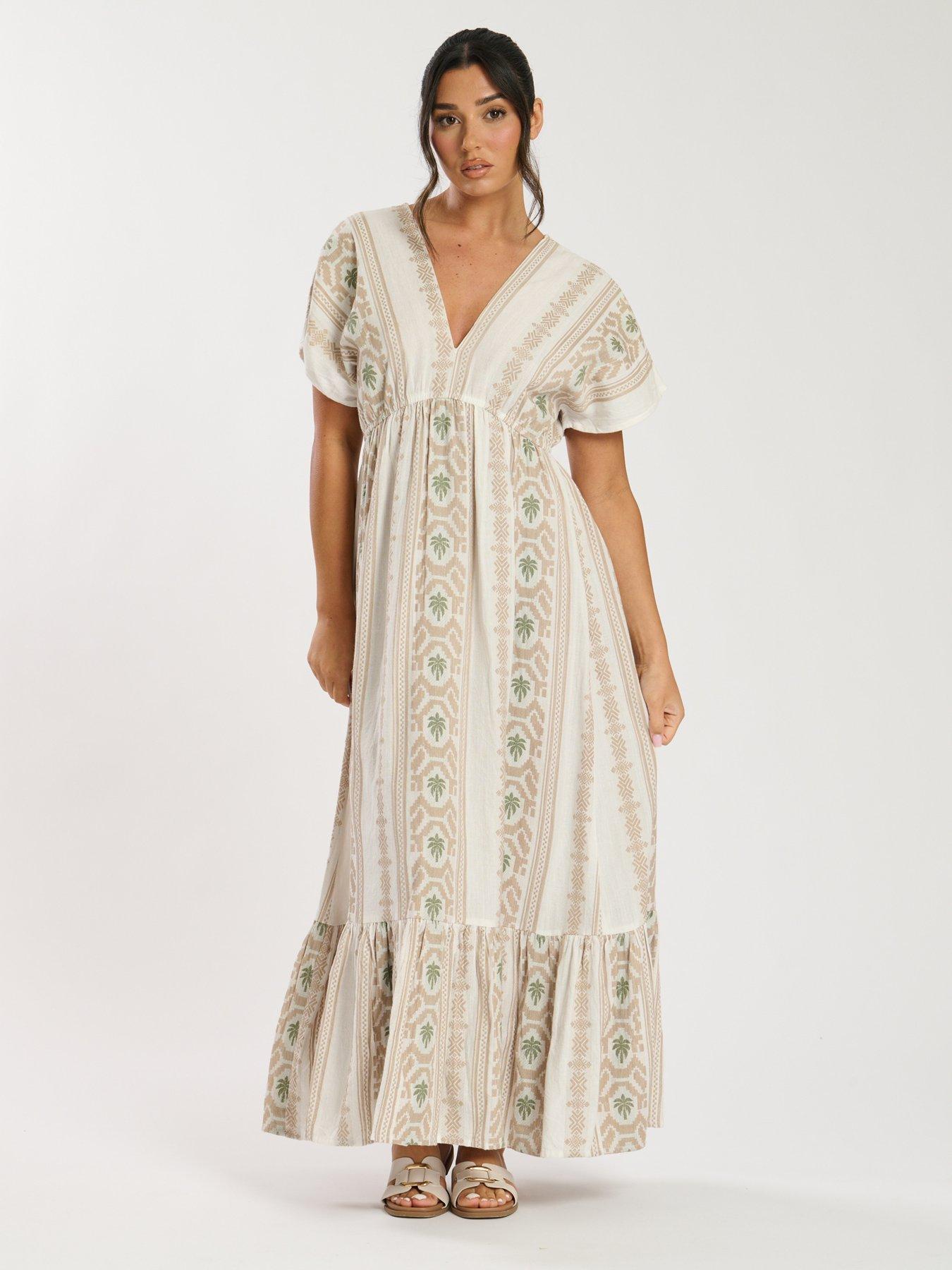 Image 1 of 5 of South Beach Jacquard V Neck Maxi Dress - Beige