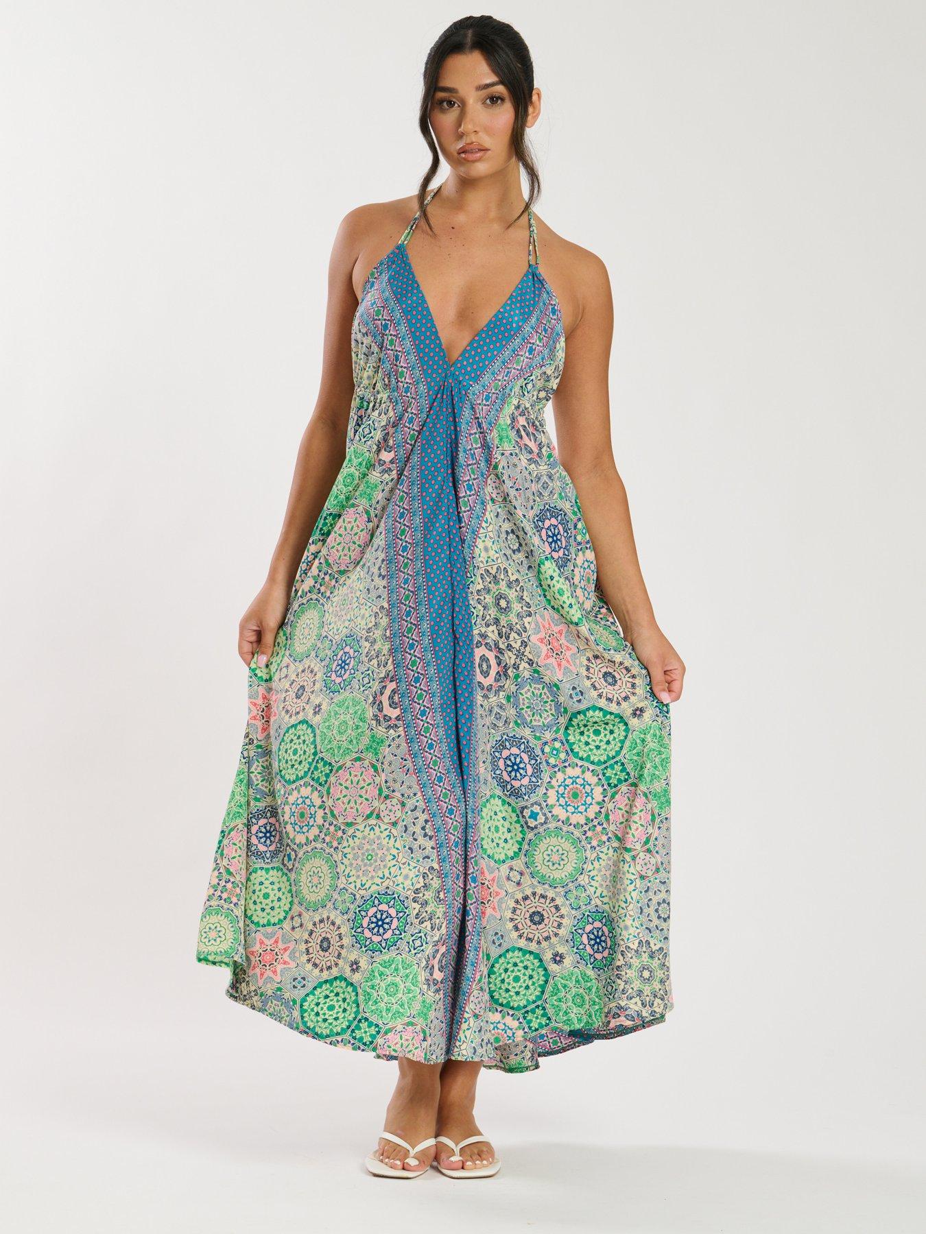 Image 1 of 5 of South Beach Printed Halter Scarf Maxi Dress - Green